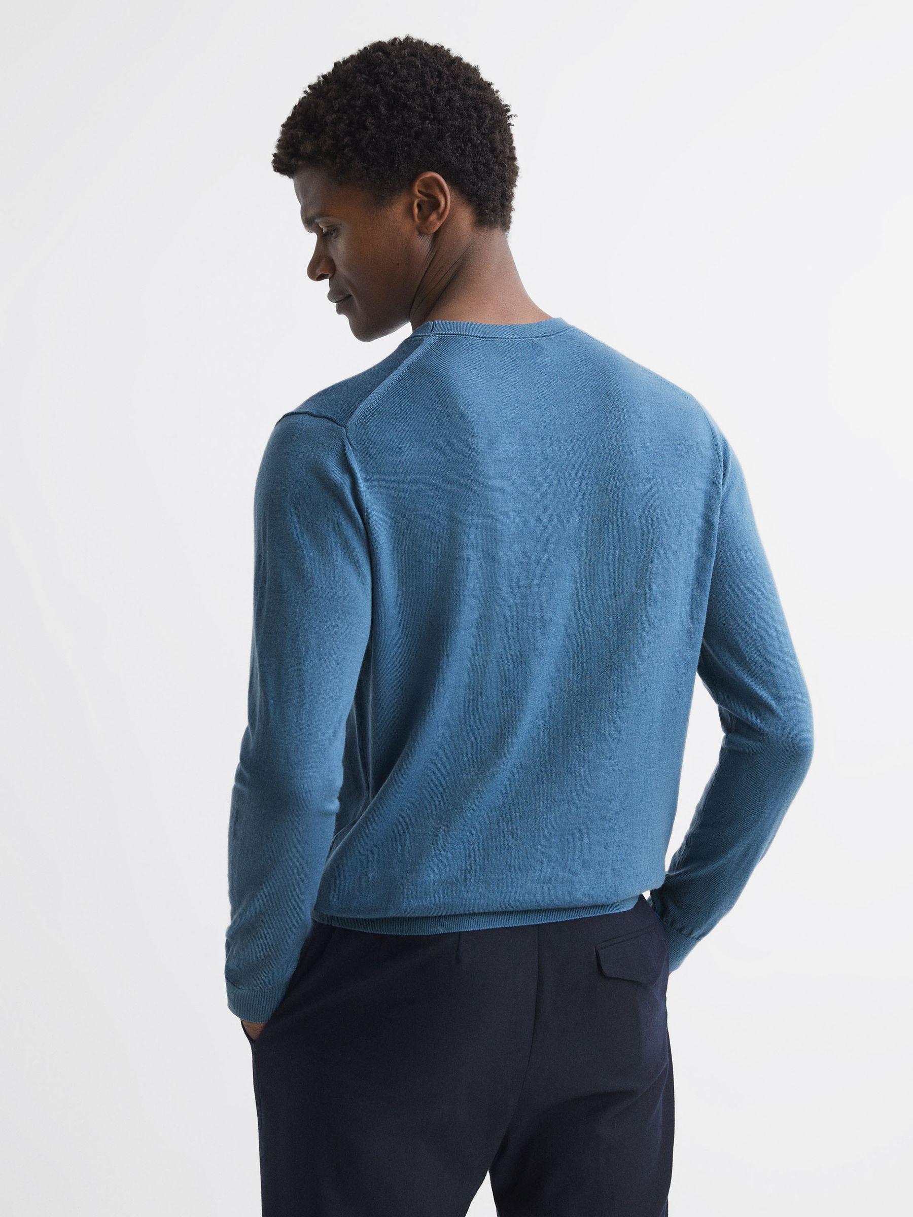 Merino Wool Crew Neck Jumper in Marine Blue - Image 4 of 4