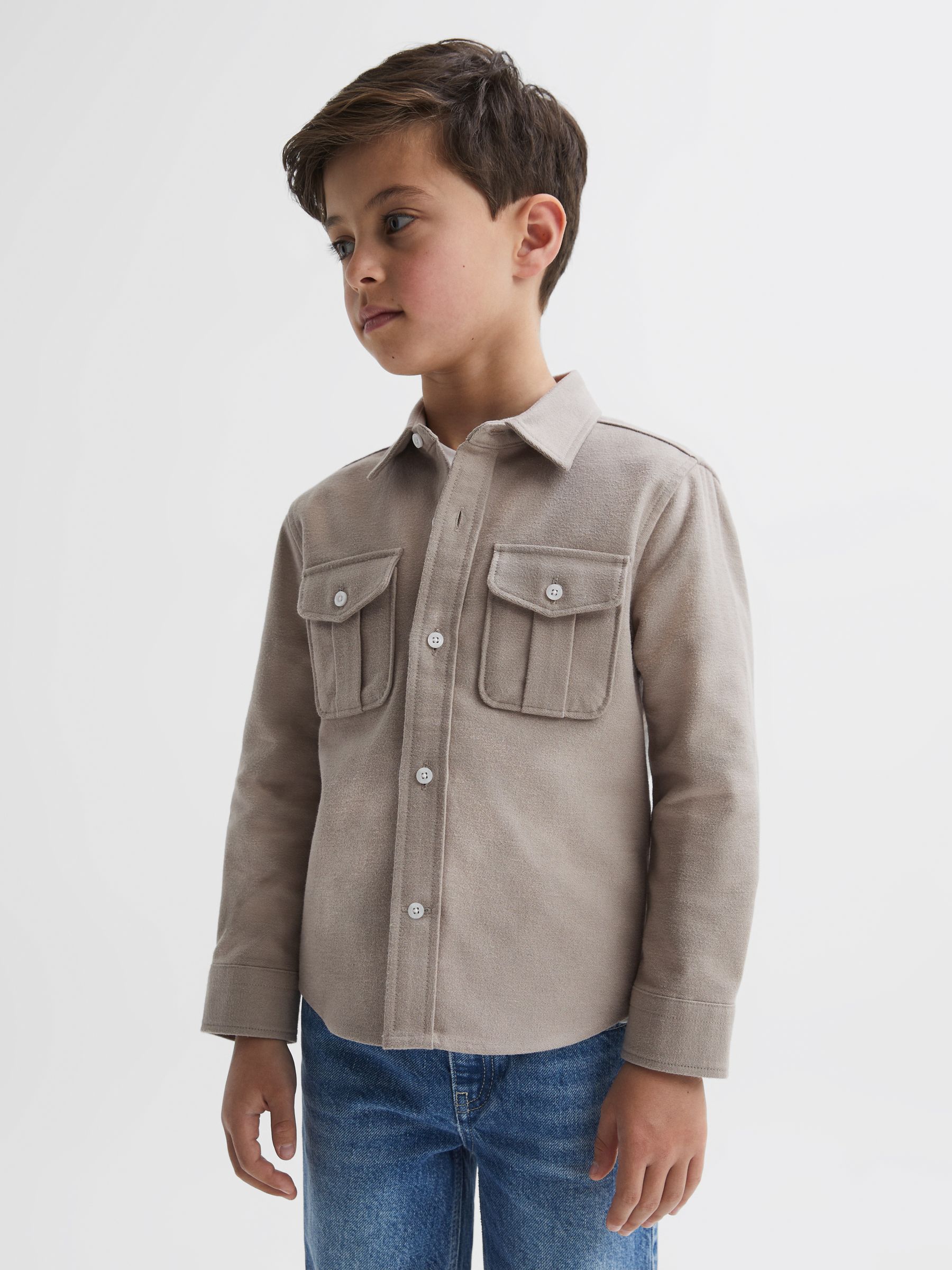 Senior Brushed Cotton Patch Pocket Overshirt in Oatmeal Melange - Image 4 of 6