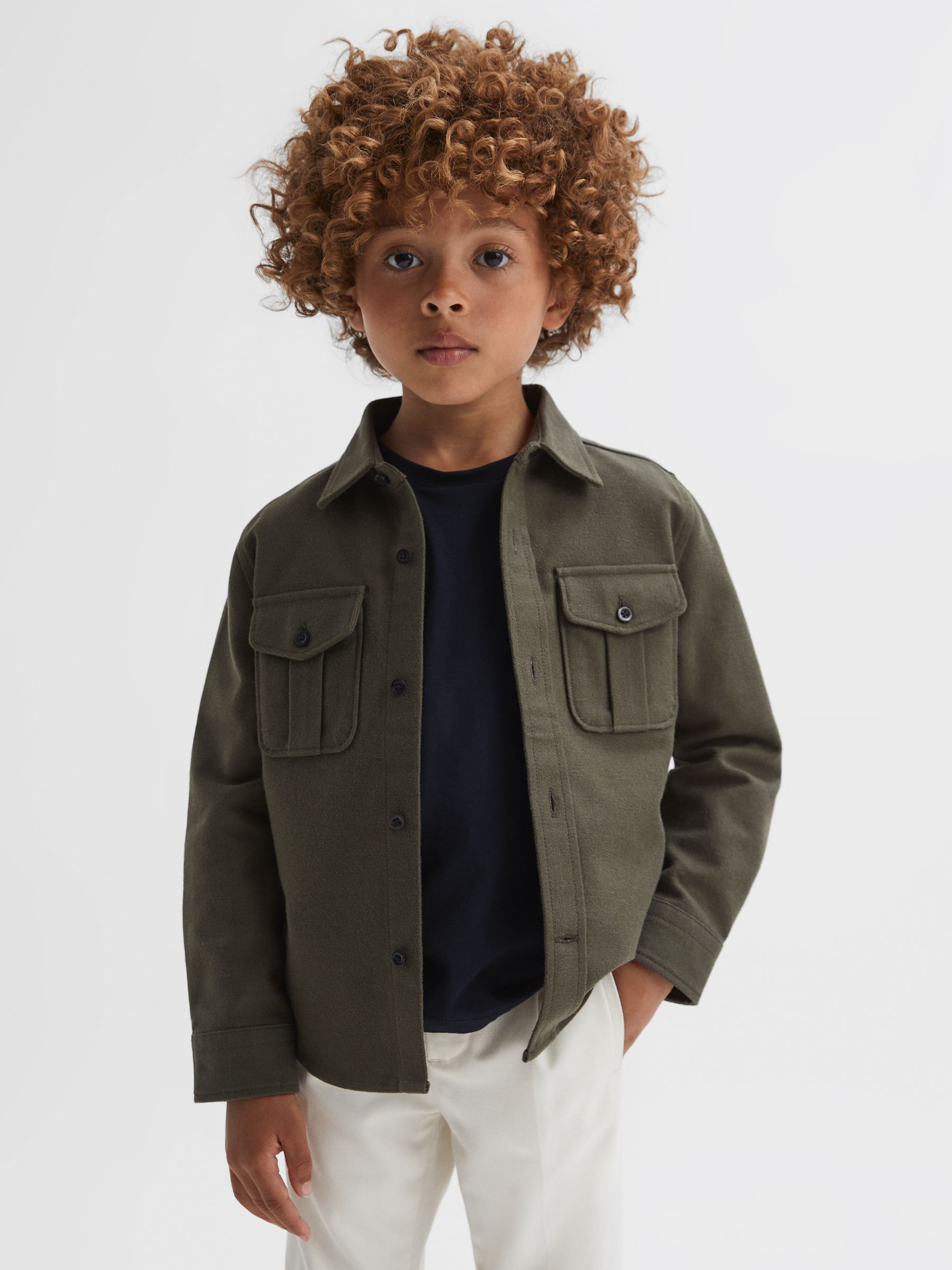 Junior Brushed Cotton Patch Pocket Overshirt in Pine Green - Image 4 of 6