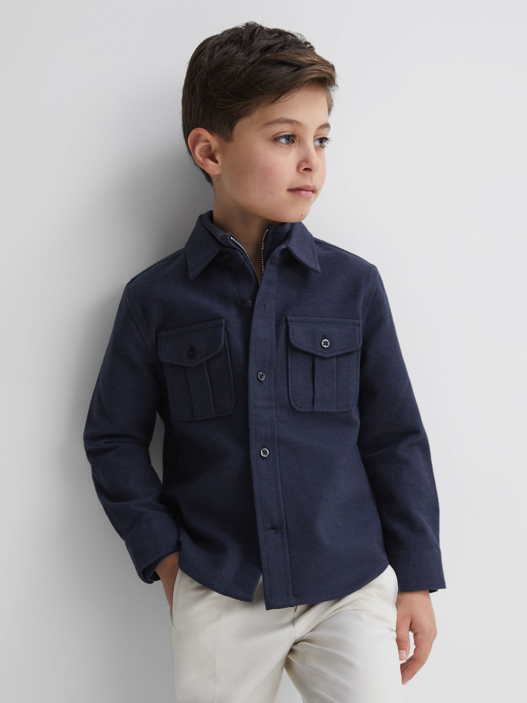3-9 yrs Brushed Cotton Patch Pocket Overshirt in Eclipse Blue - Image 1 of 6
