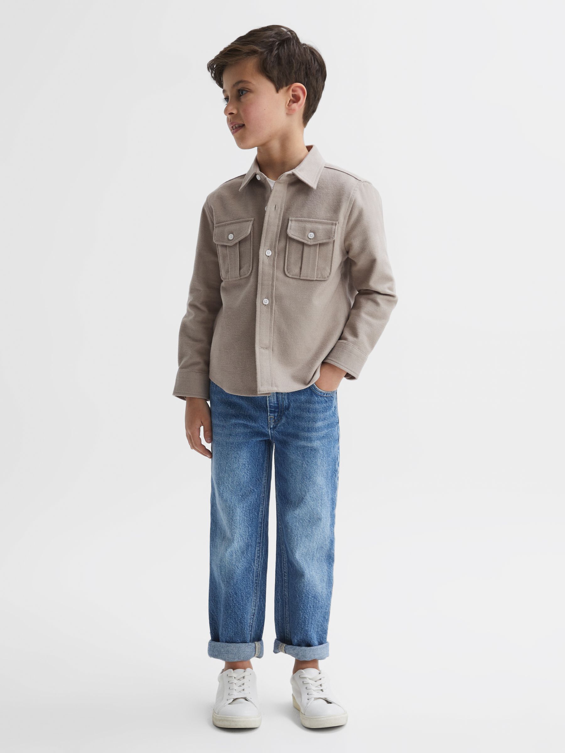 3-9 yrs Brushed Cotton Patch Pocket Overshirt in Oatmeal Melange - Image 1 of 6
