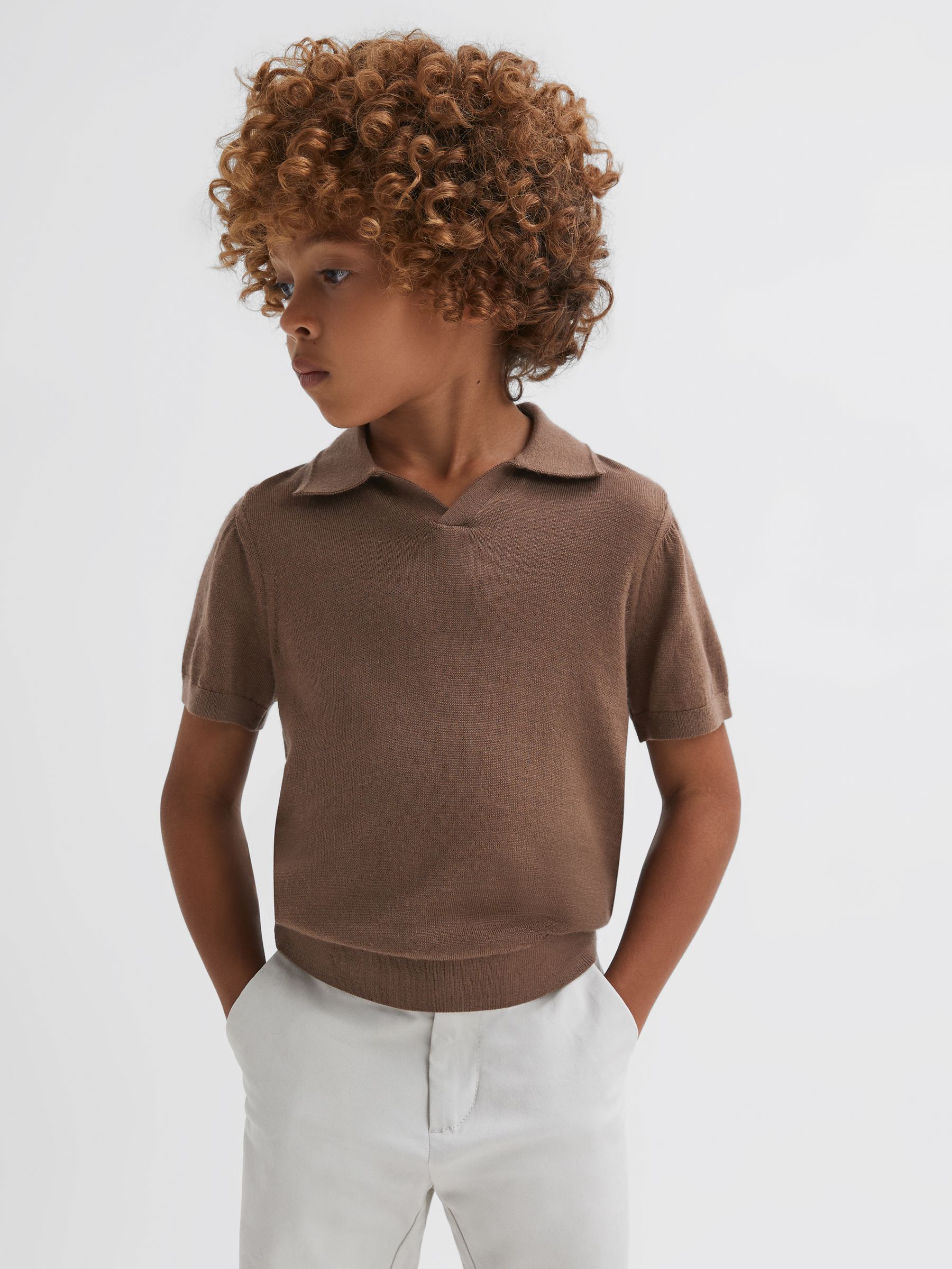 Senior Merino Wool Open Collar Polo Shirt in Brown Sugar - Image 1 of 7