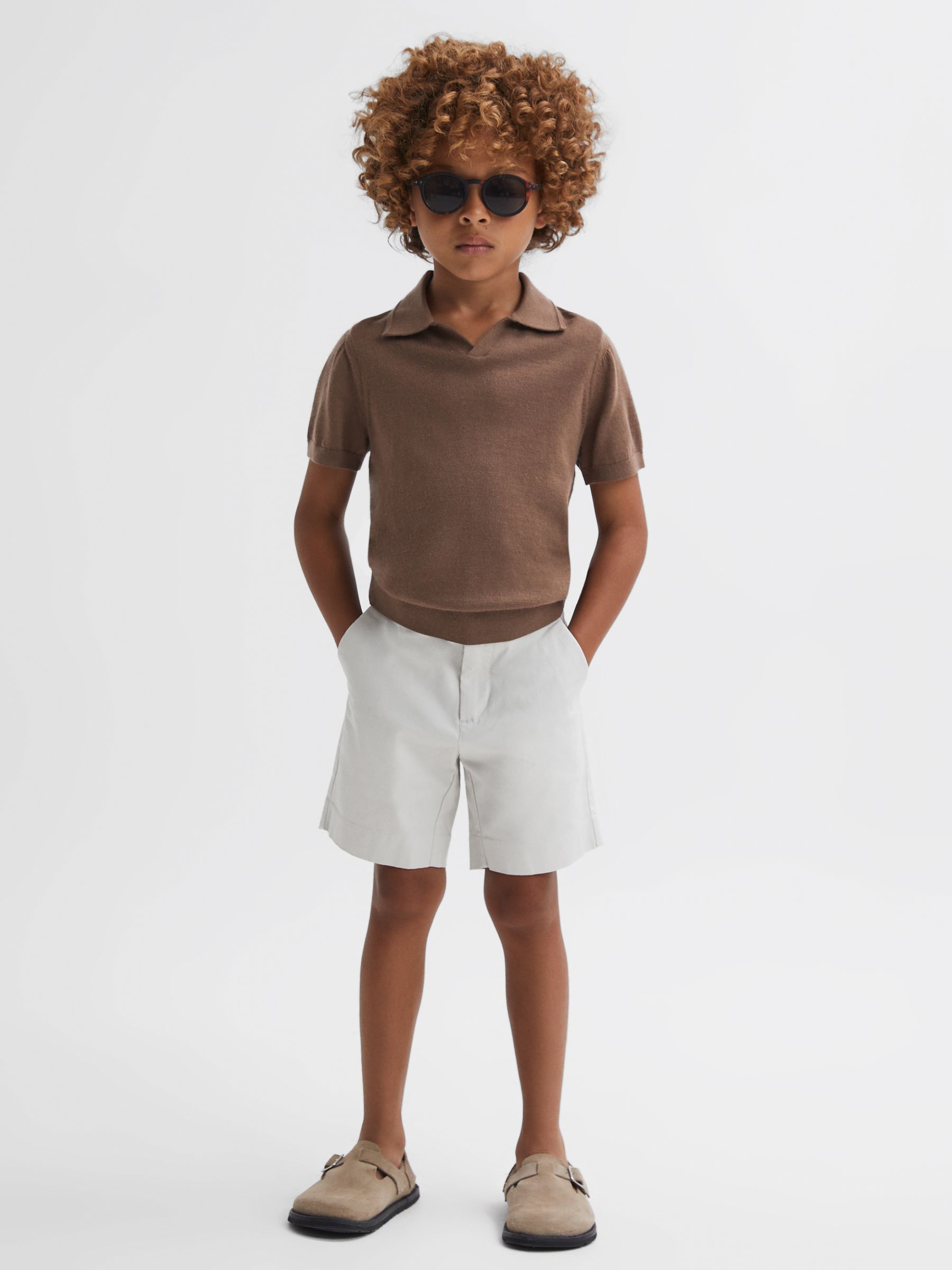 Senior Merino Wool Open Collar Polo Shirt in Brown Sugar - Image 4 of 7