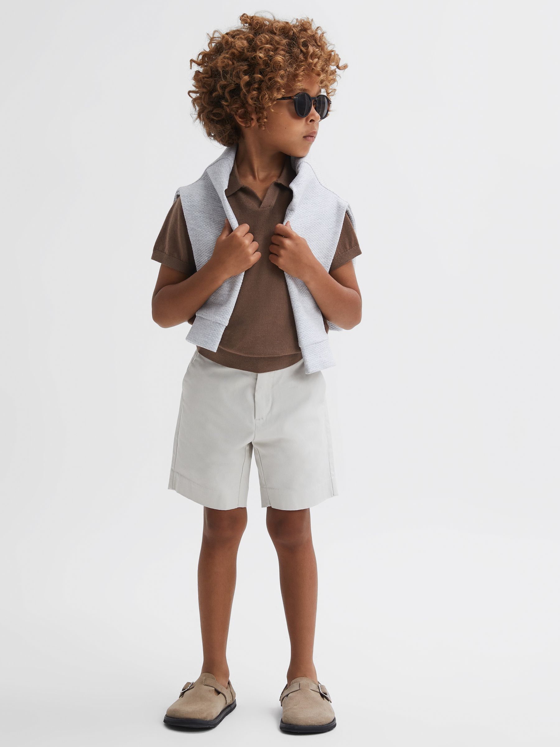 Senior Merino Wool Open Collar Polo Shirt in Brown Sugar - Image 6 of 7