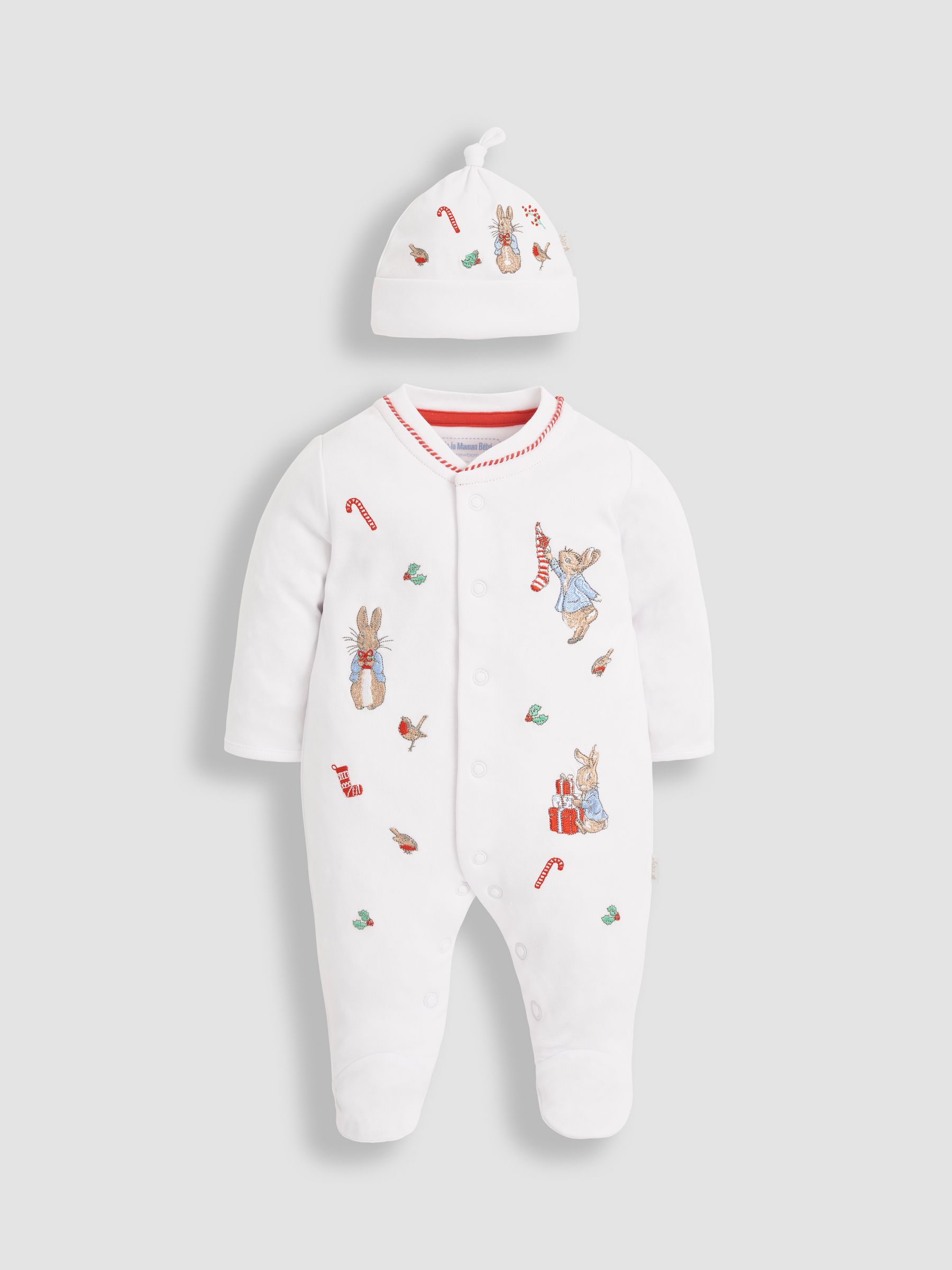 White Peter Rabbit Christmas Cotton Baby Sleepsuit & Hat Set - Image 1 of 3