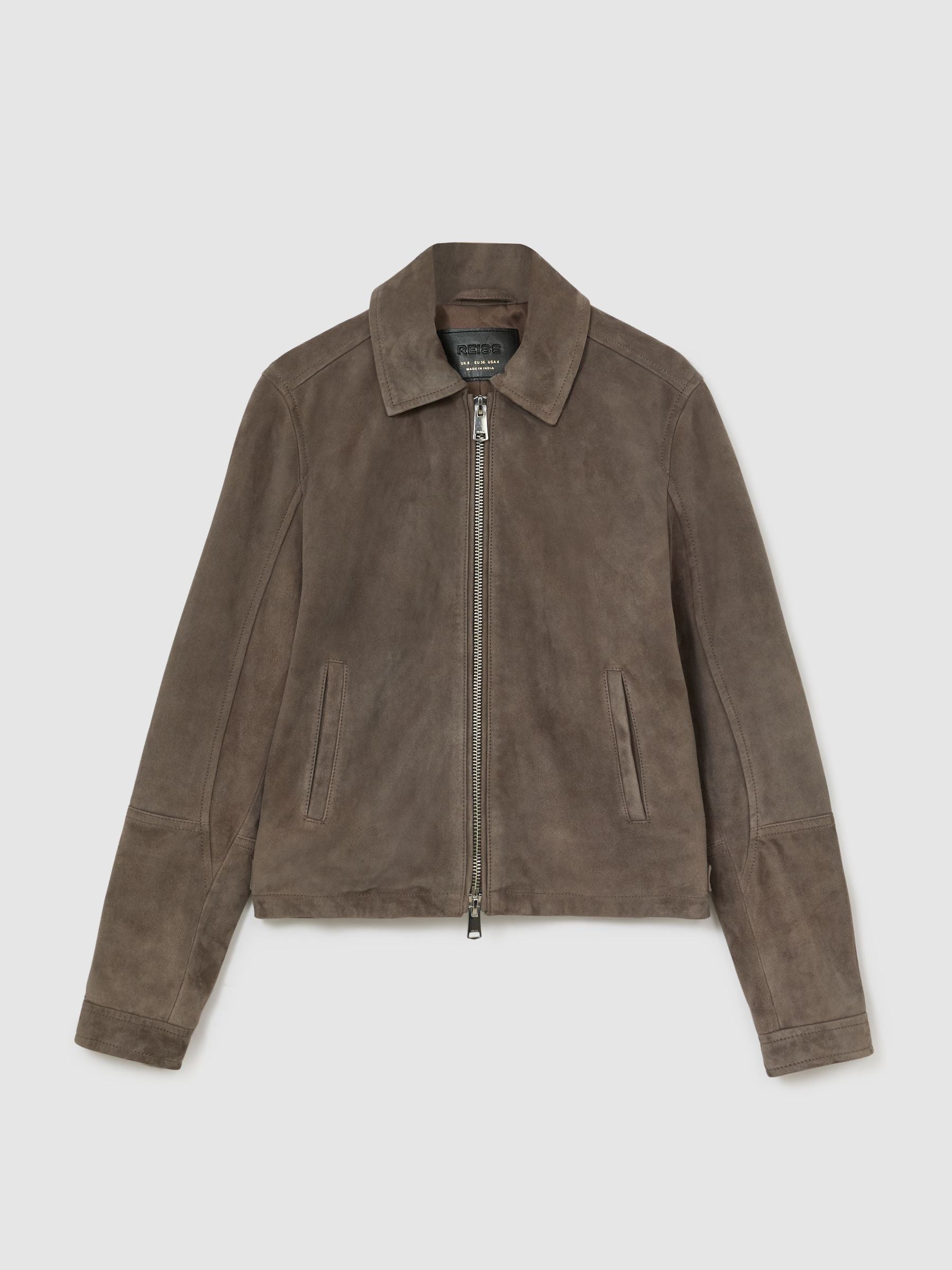 Suede Zip-Through Moto Jacket in Grey - Image 2 of 8 Suede Zip-Through Moto Jacket in Grey - Image 2 of 8