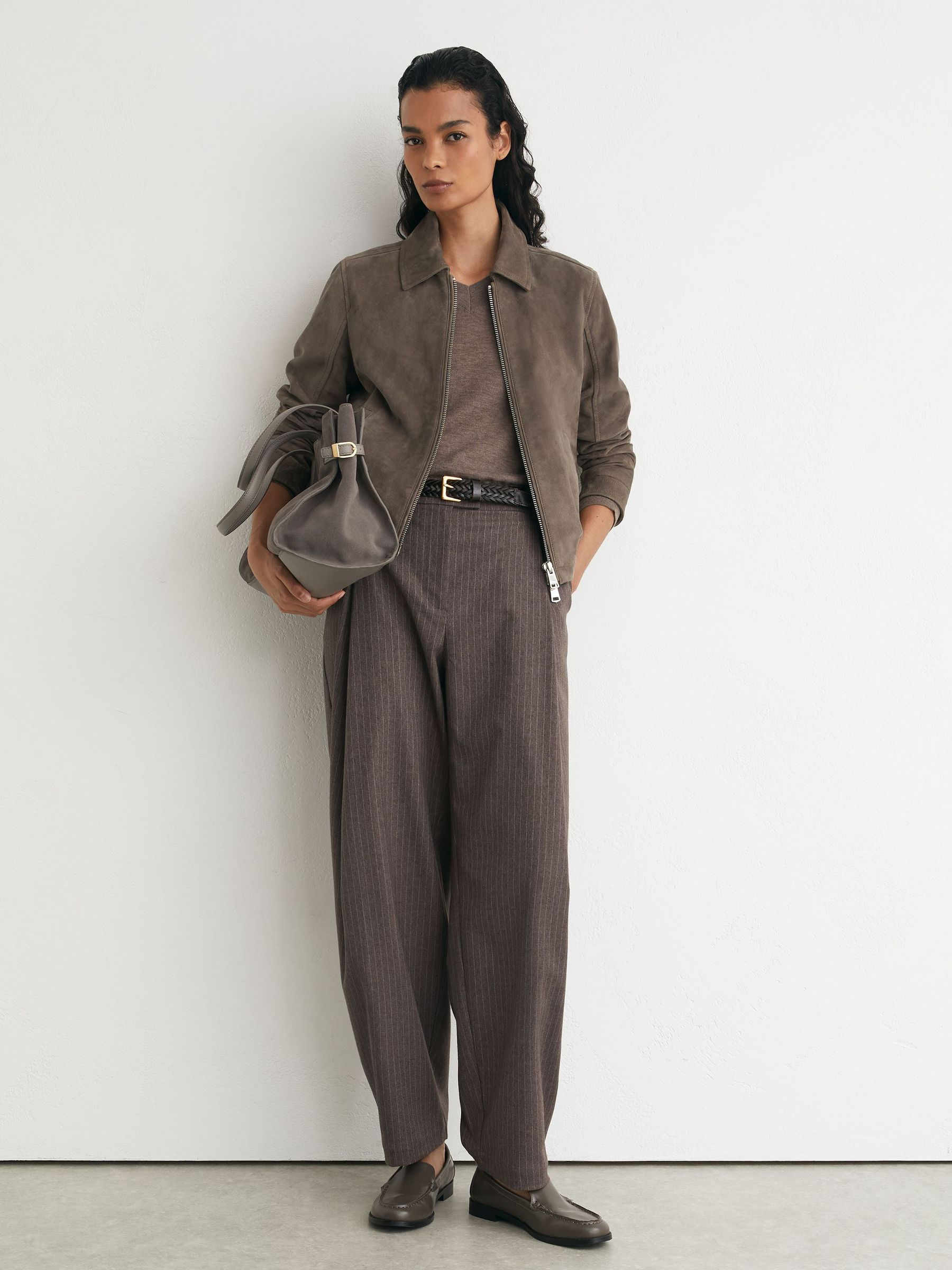Reiss Suede Zip-Through Moto Jacket in Grey - REISS