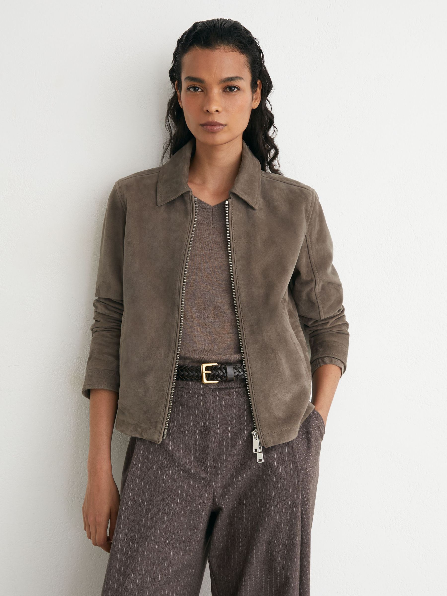 Reiss Suede Zip-Through Moto Jacket in Grey - REISS