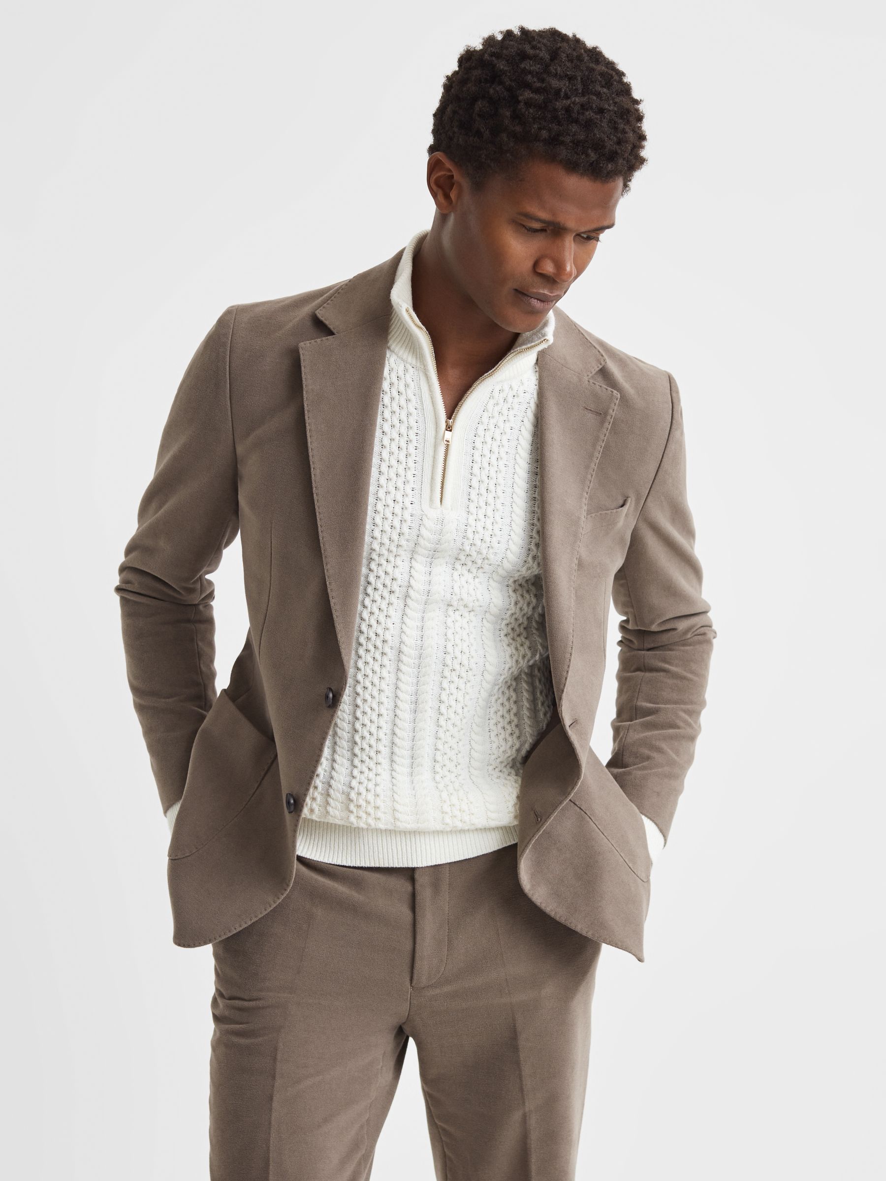 Slim Fit Single Breasted Moleskin Blazer in Mushroom - Image 3 of 8