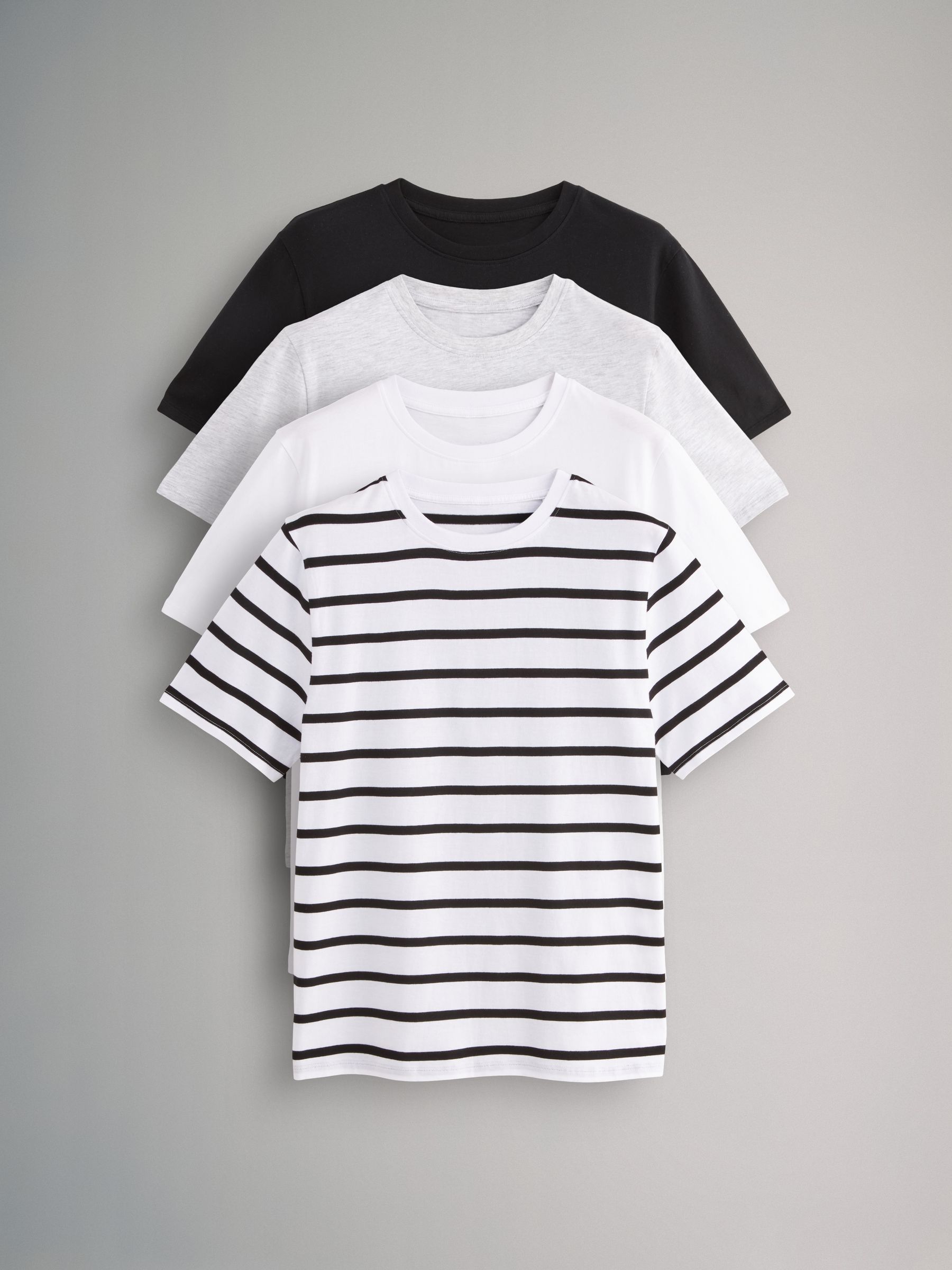 Black/Grey/White/Stripe - 4 Pack Short Sleeved Relaxed T-Shirts - Image 1 of 6