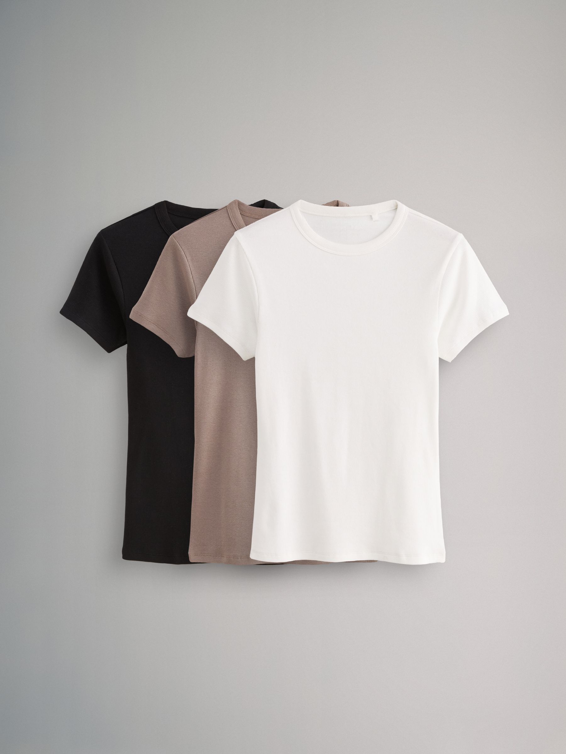 Black/Taupe Brown/White - 3 Pack Short Sleeve Ribbed T-Shirts - Image 2 of 5