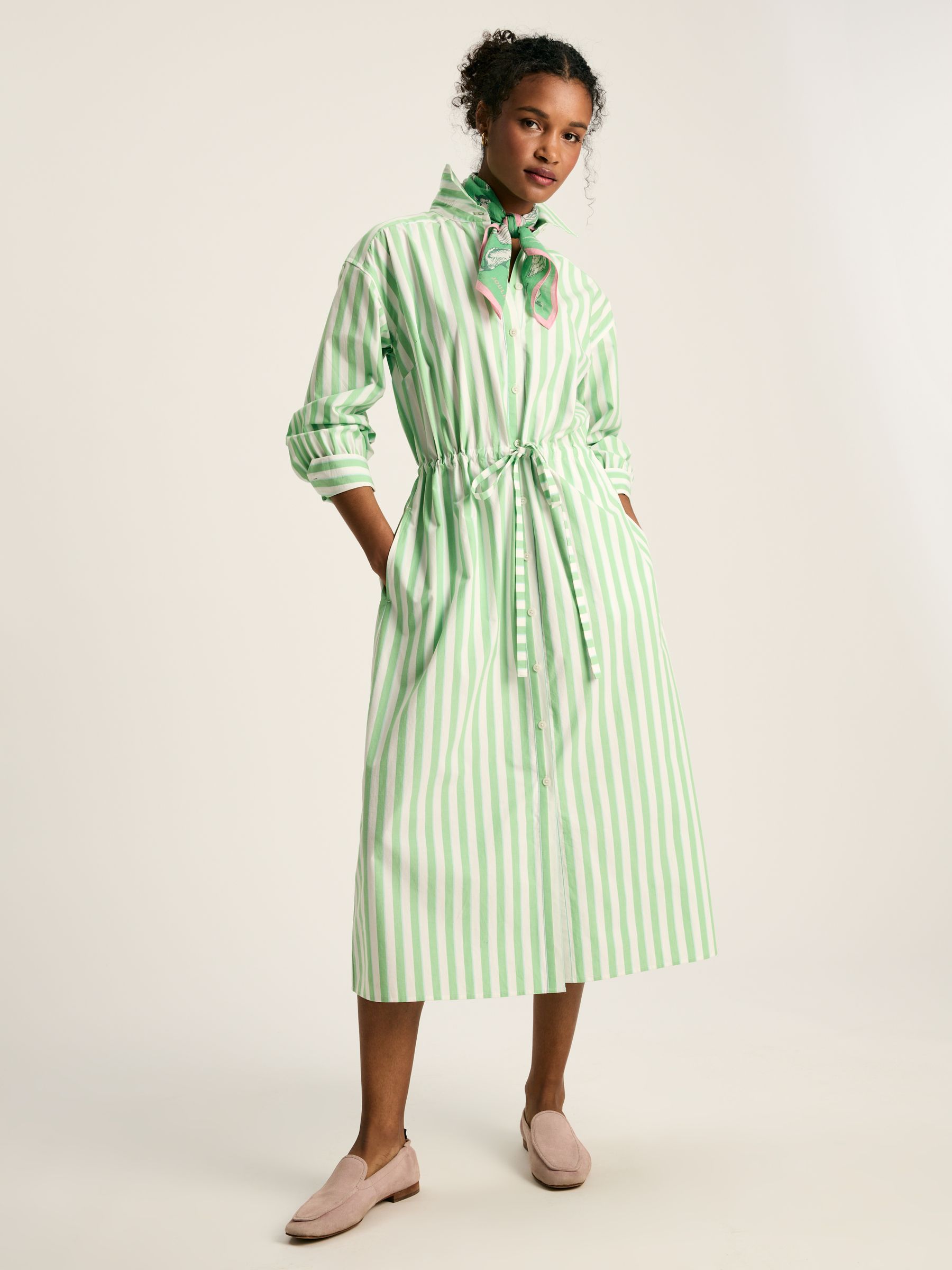 Francesca Green & White Tie Waist Shirt Dress - Image 1 of 7