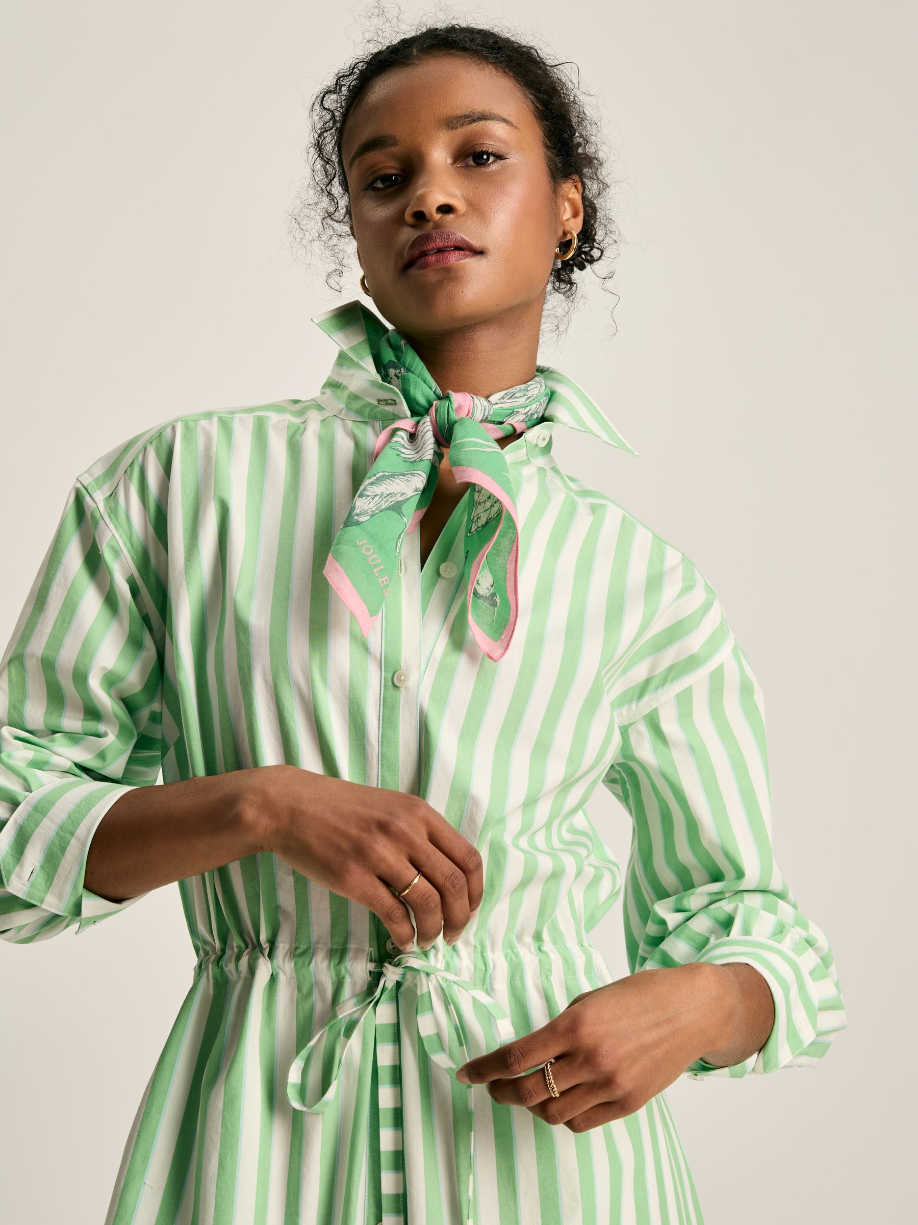 Francesca Green & White Tie Waist Shirt Dress - Image 3 of 7