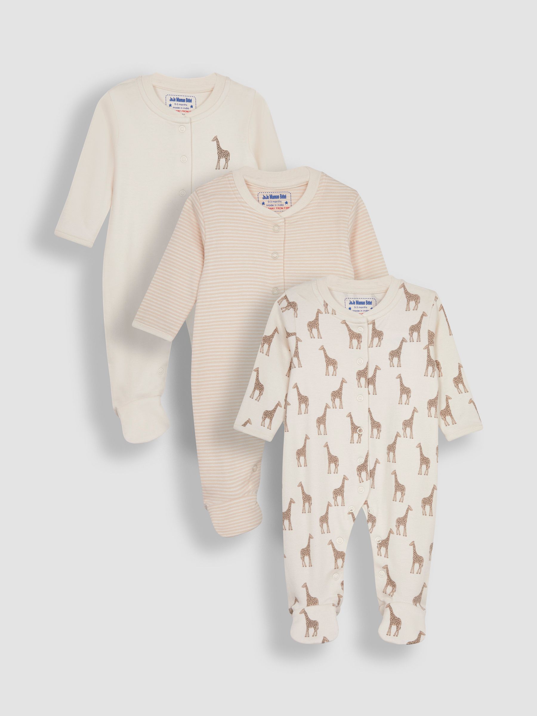 Natural Giraffe Cotton Footed Animal Print Sleepsuits 3-Pack - Image 1 of 5