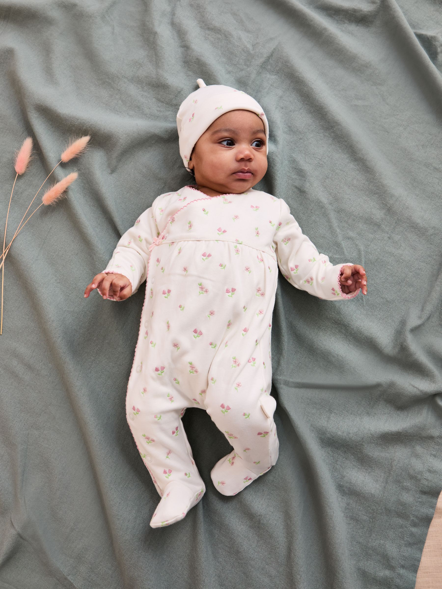 Floral Embroidered Pretty Sleepsuit & Hat in Cream - Image 1 of 7