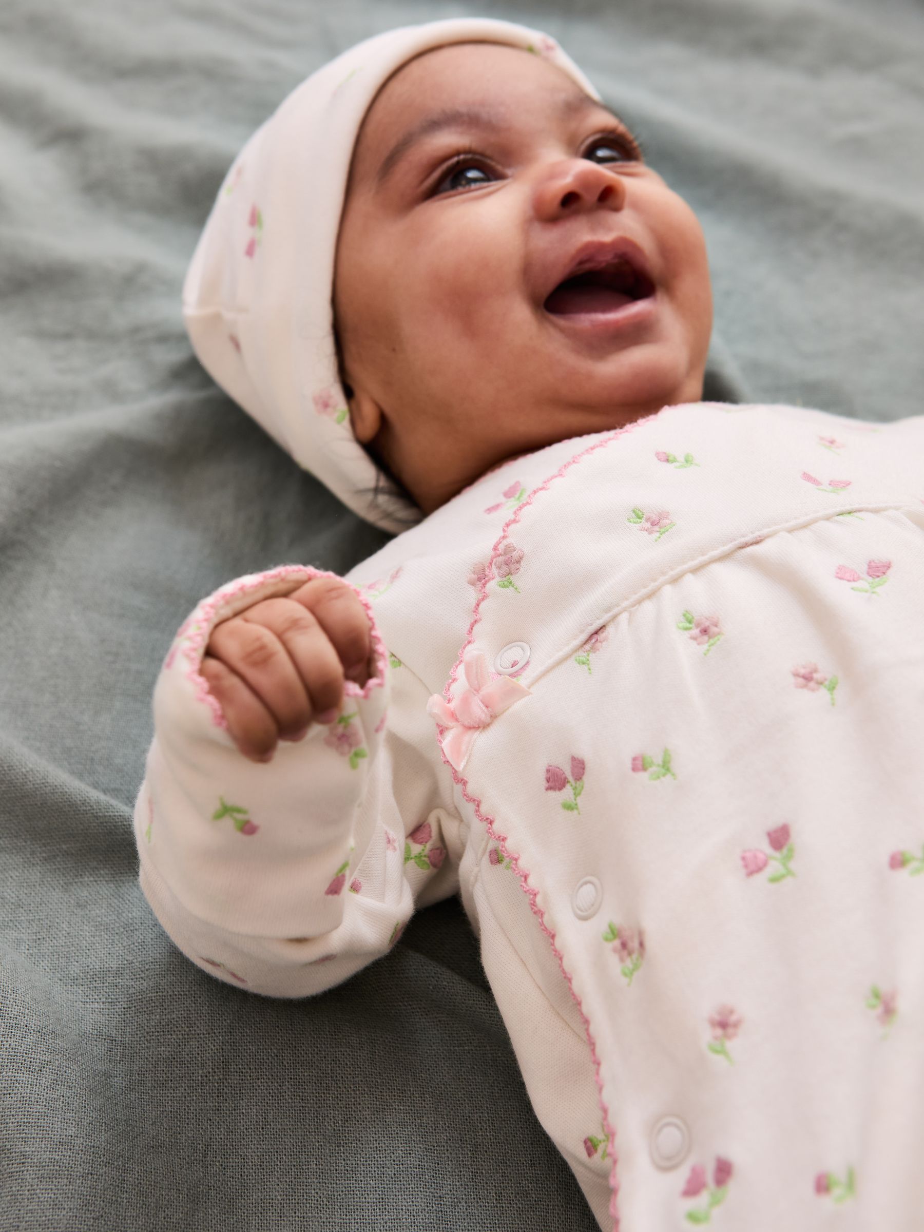 Floral Embroidered Pretty Sleepsuit & Hat in Cream - Image 2 of 7
