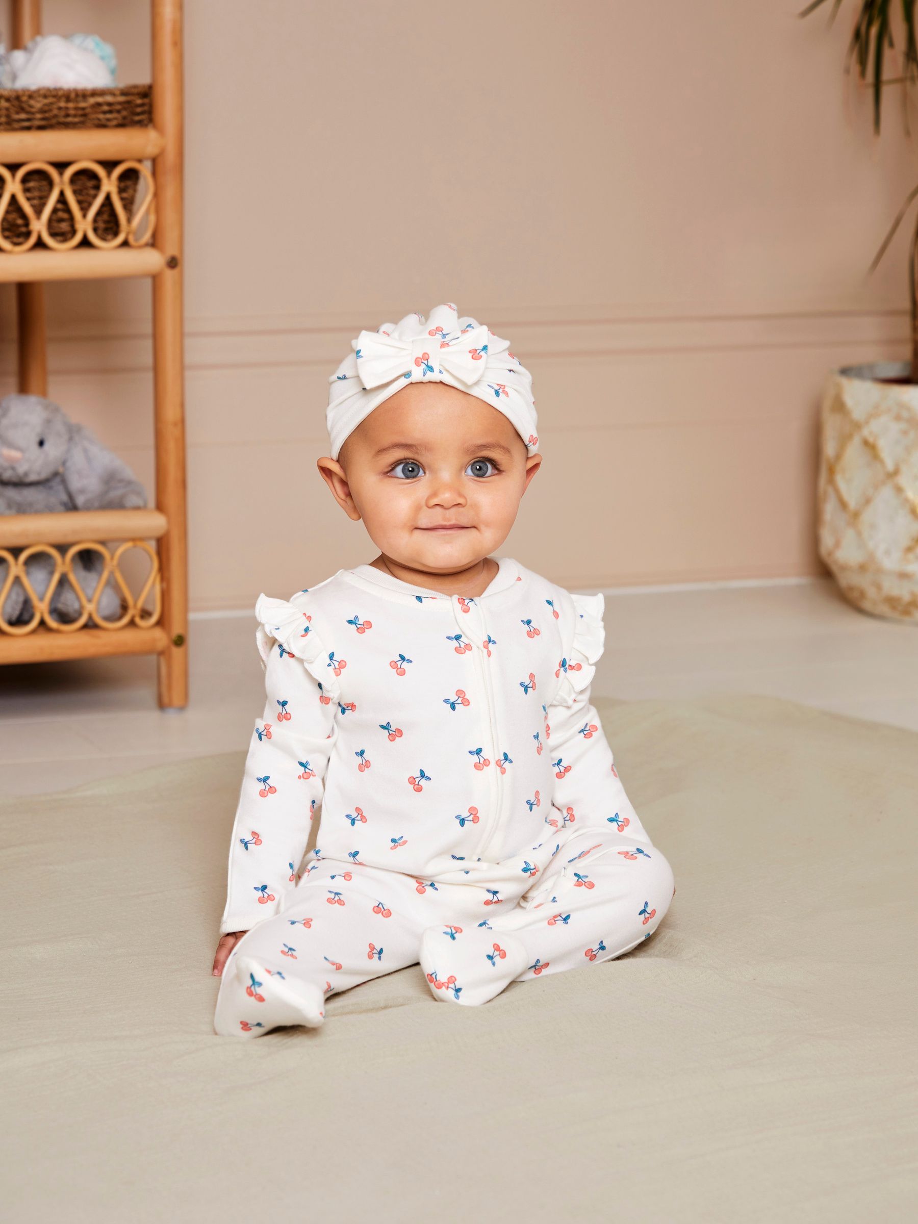 Cherry Print Zip Sleepsuit in Cream - Image 2 of 6