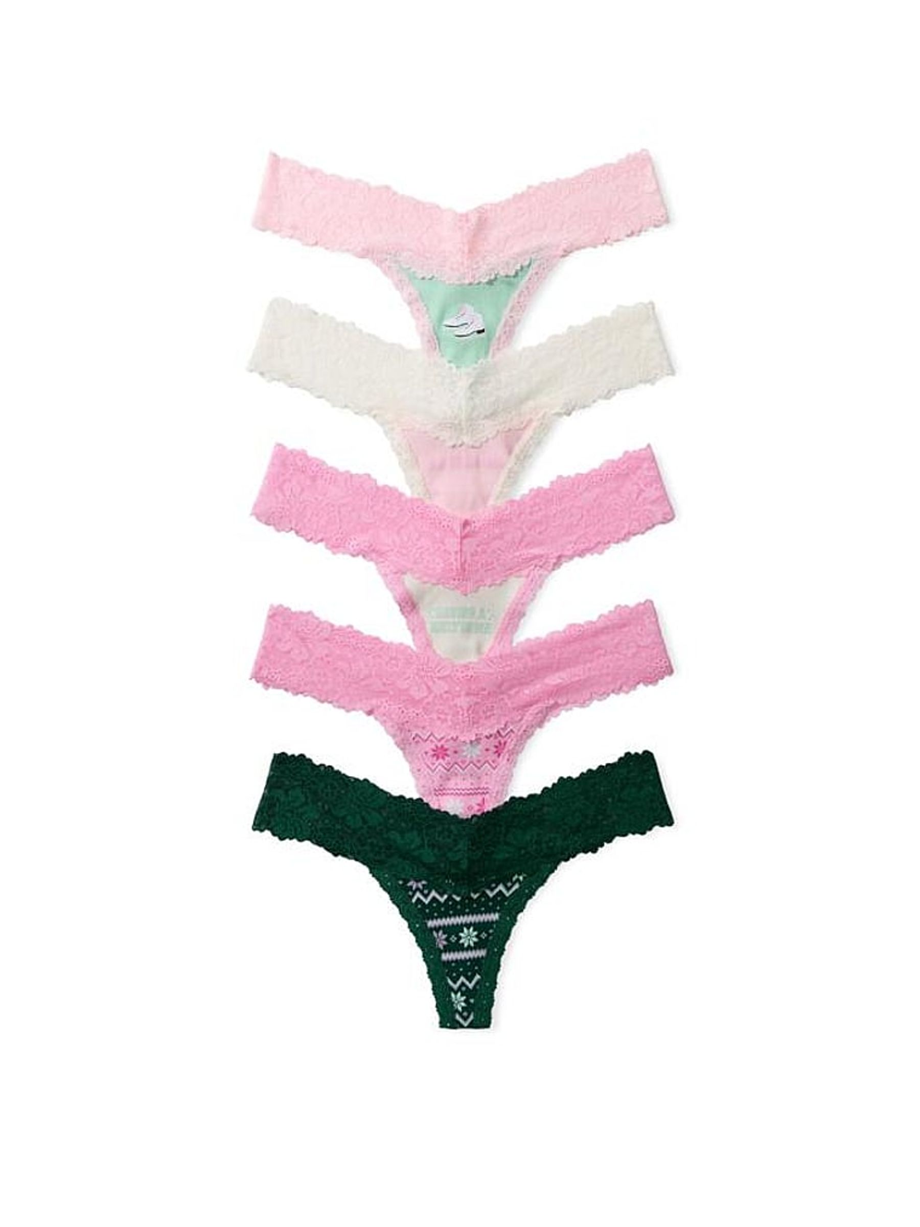 Pink/Green Thong 5 Pack Ribbed Lace Trim Knickers - Image 1 of 1 Pink/Green Thong 5 Pack Ribbed Lace Trim Knickers - Image 1 of 1