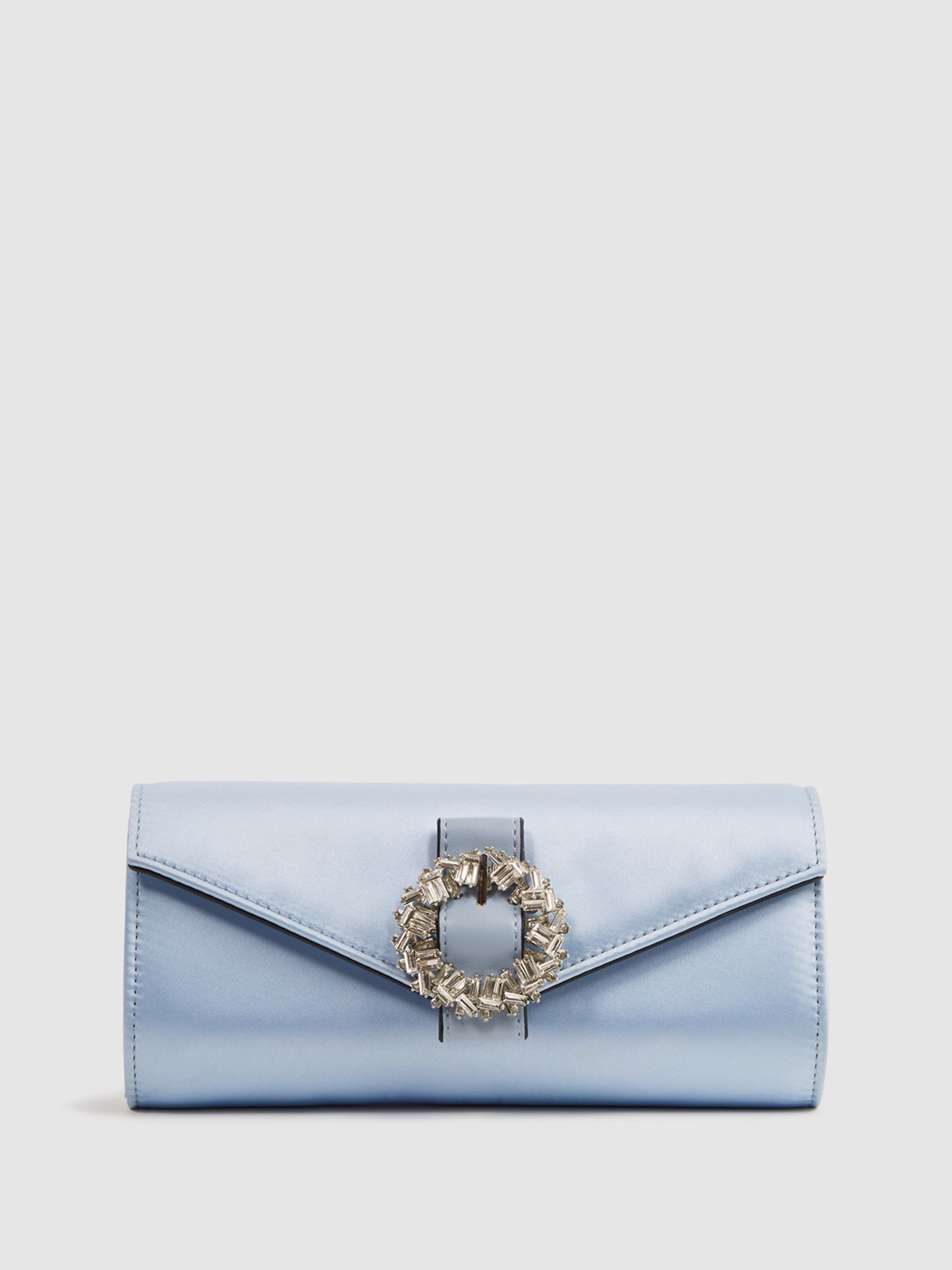 Diamanté Buckle Satin Clutch in Powder Blue - Image 1 of 7