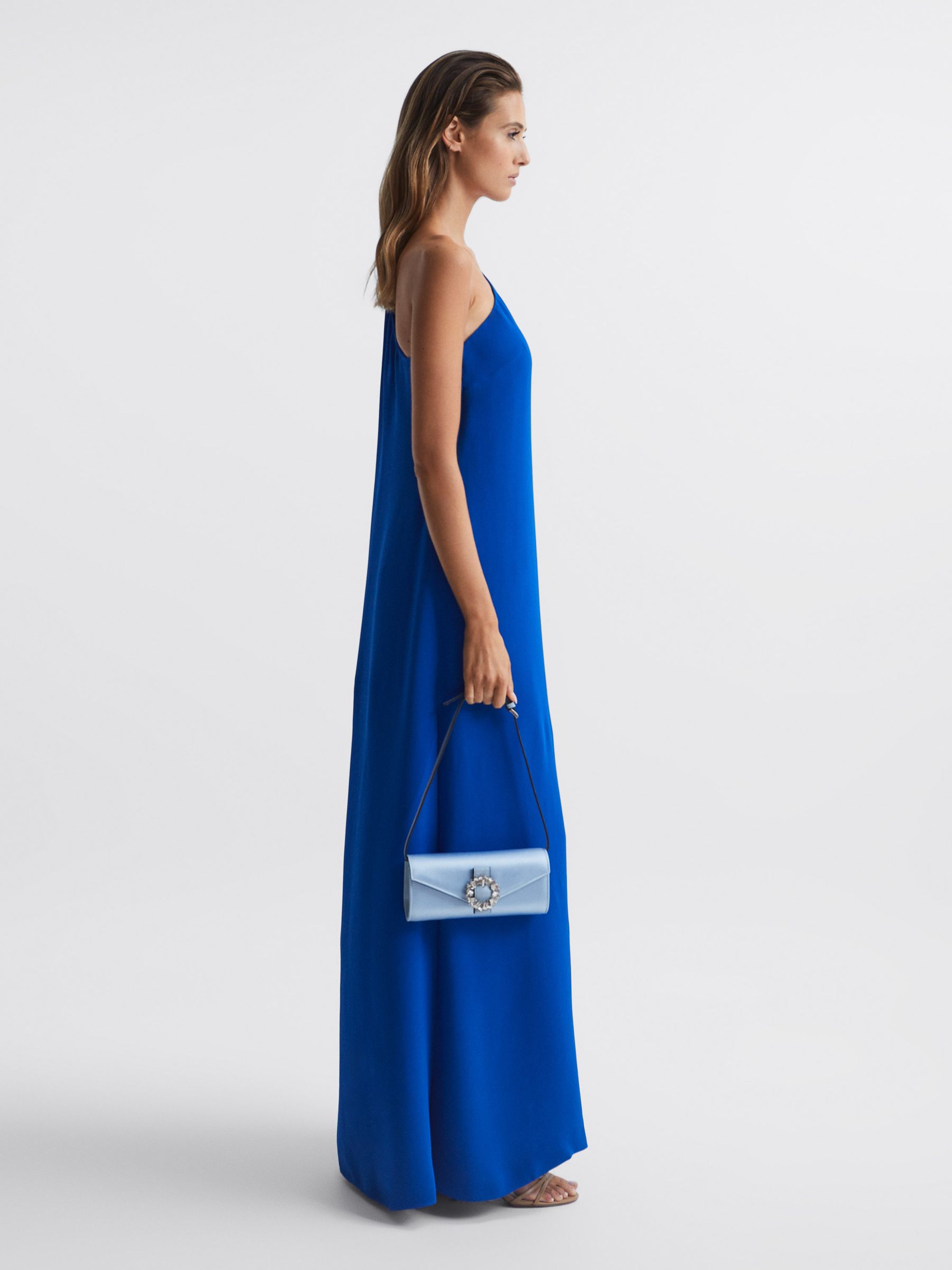 Diamanté Buckle Satin Clutch in Powder Blue - Image 2 of 7 Diamanté Buckle Satin Clutch in Powder Blue - Image 2 of 7