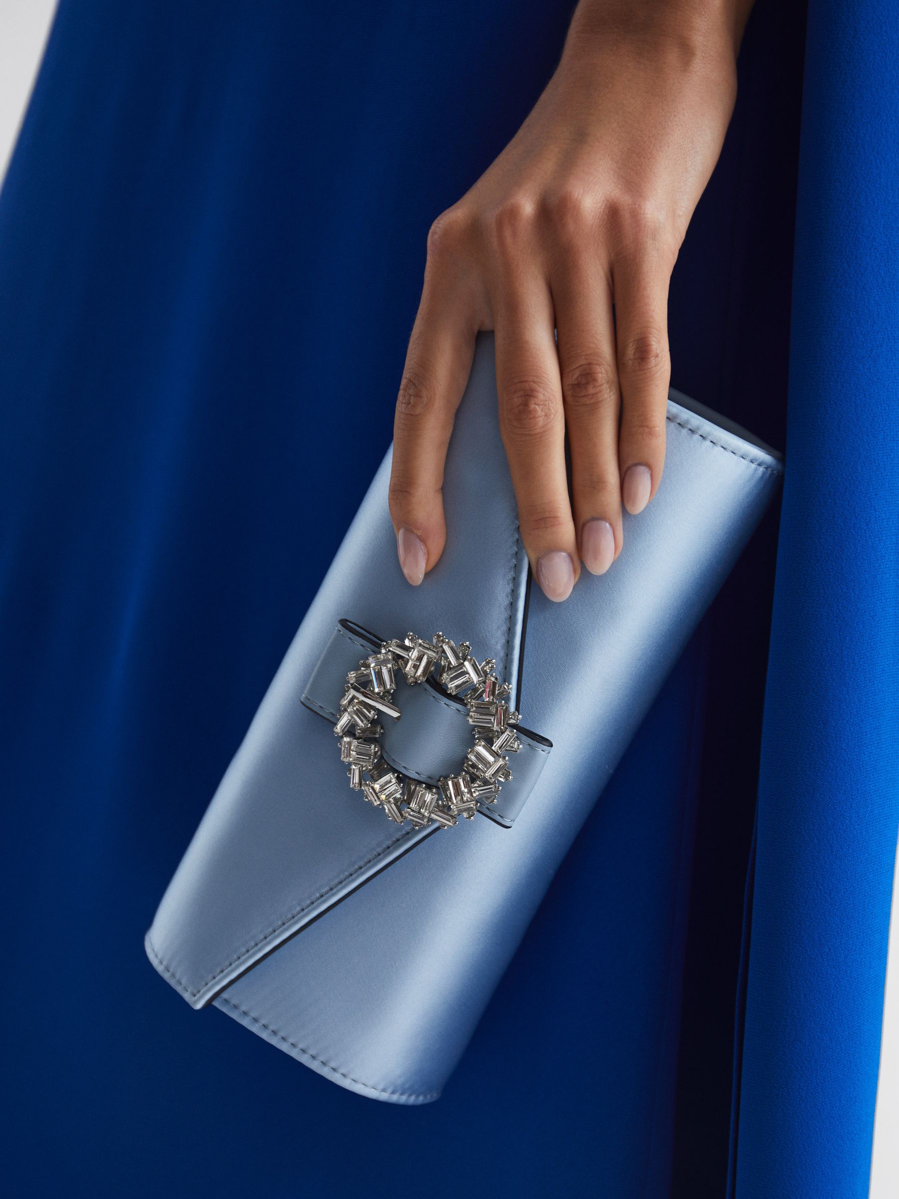 Diamanté Buckle Satin Clutch in Powder Blue - Image 4 of 7