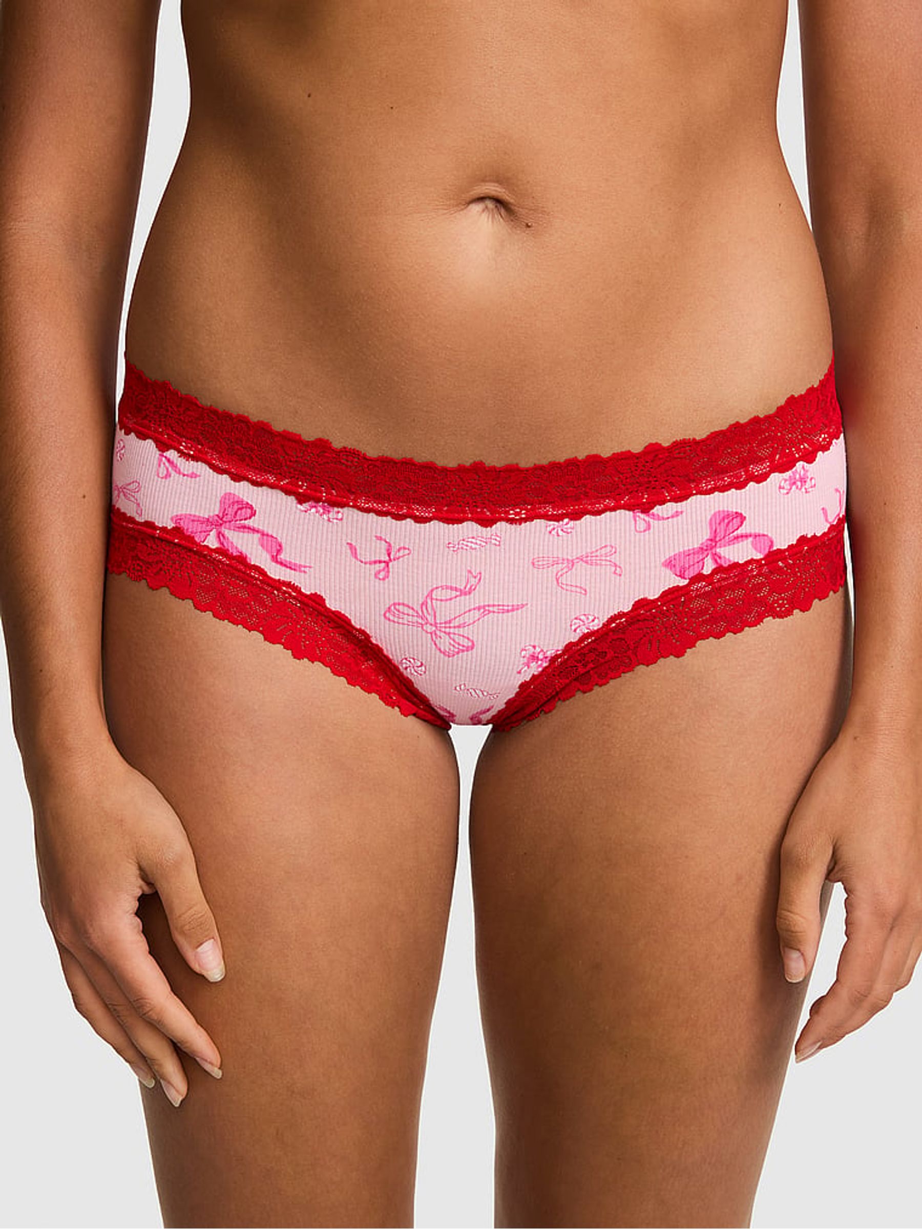 Coconut Pink Bows Cheeky Lace Trim Rib Knickers - Image 1 of 2 Coconut Pink Bows Cheeky Lace Trim Rib Knickers - Image 1 of 2