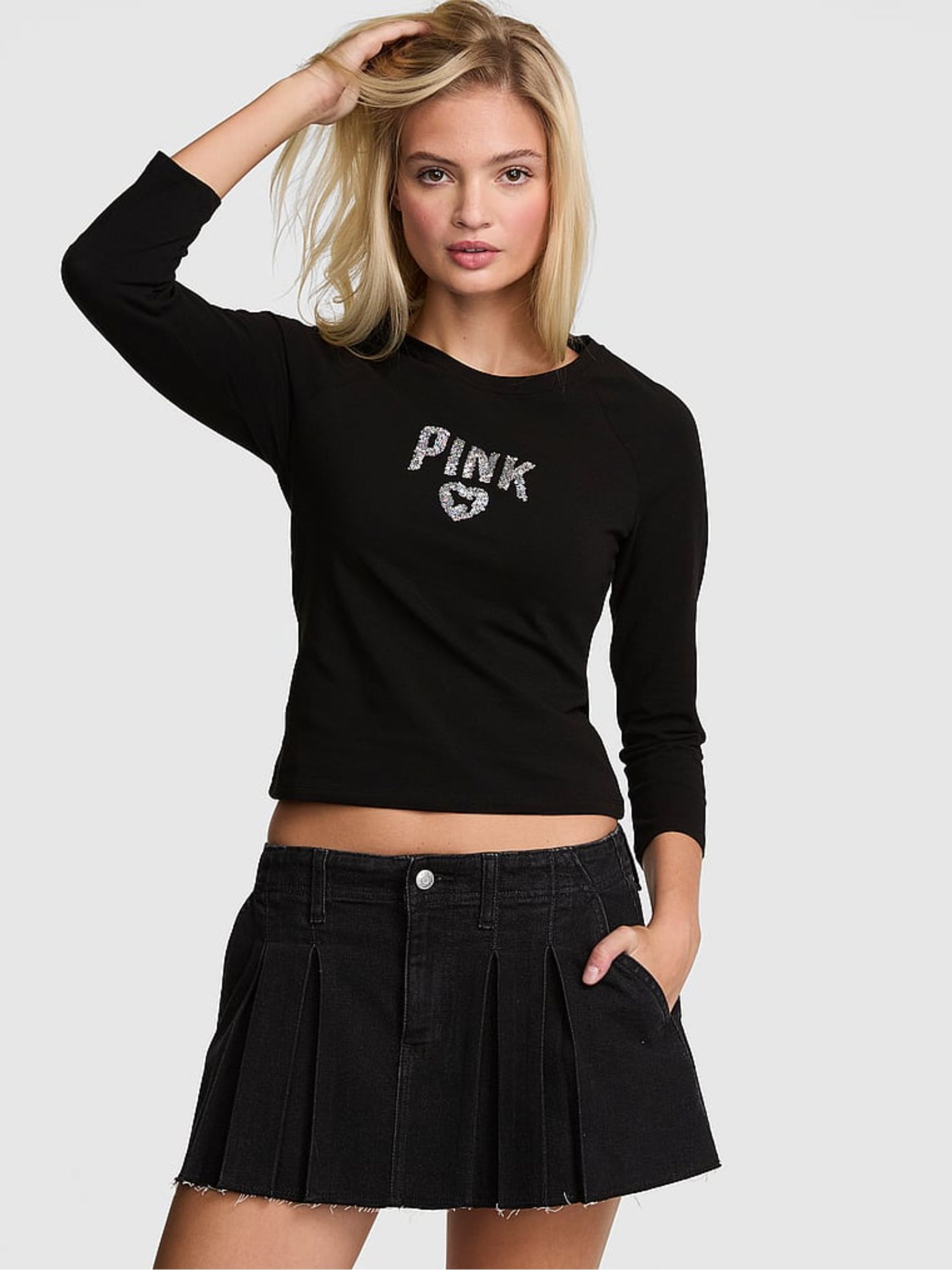 Black Sequin Long Sleeve Baby Tee - Image 1 of 2