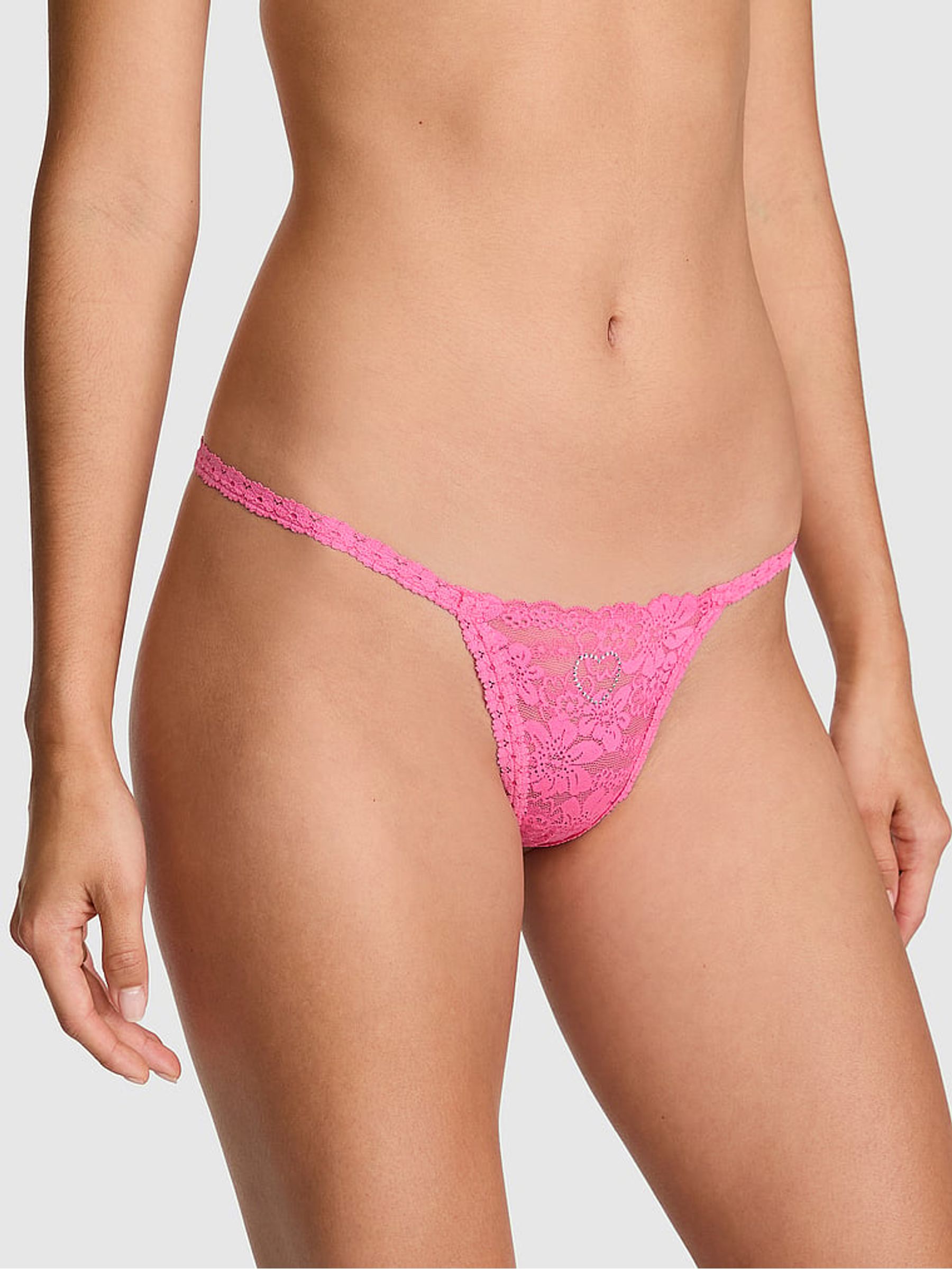 Hollywood Pink Heart Mini Scoop Thong Diamante Lace Knickers - Image 1 of 2 Hollywood Pink Heart Mini Scoop Thong Diamante Lace Knickers - Image 1 of 2