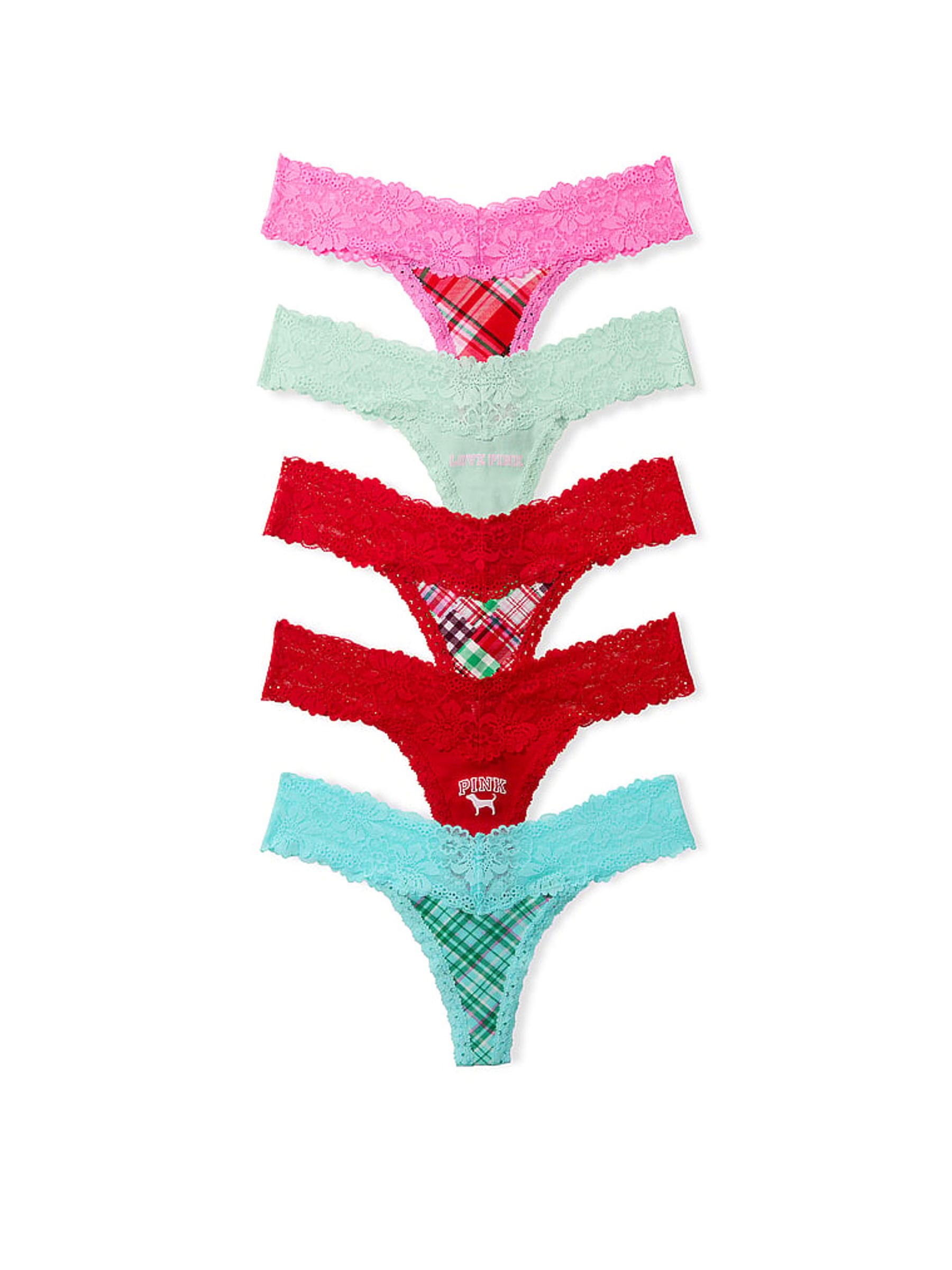 Red/Green/Pink Tartan Thong 5 Pack Ribbed Lace Trim Knickers - Image 1 of 1