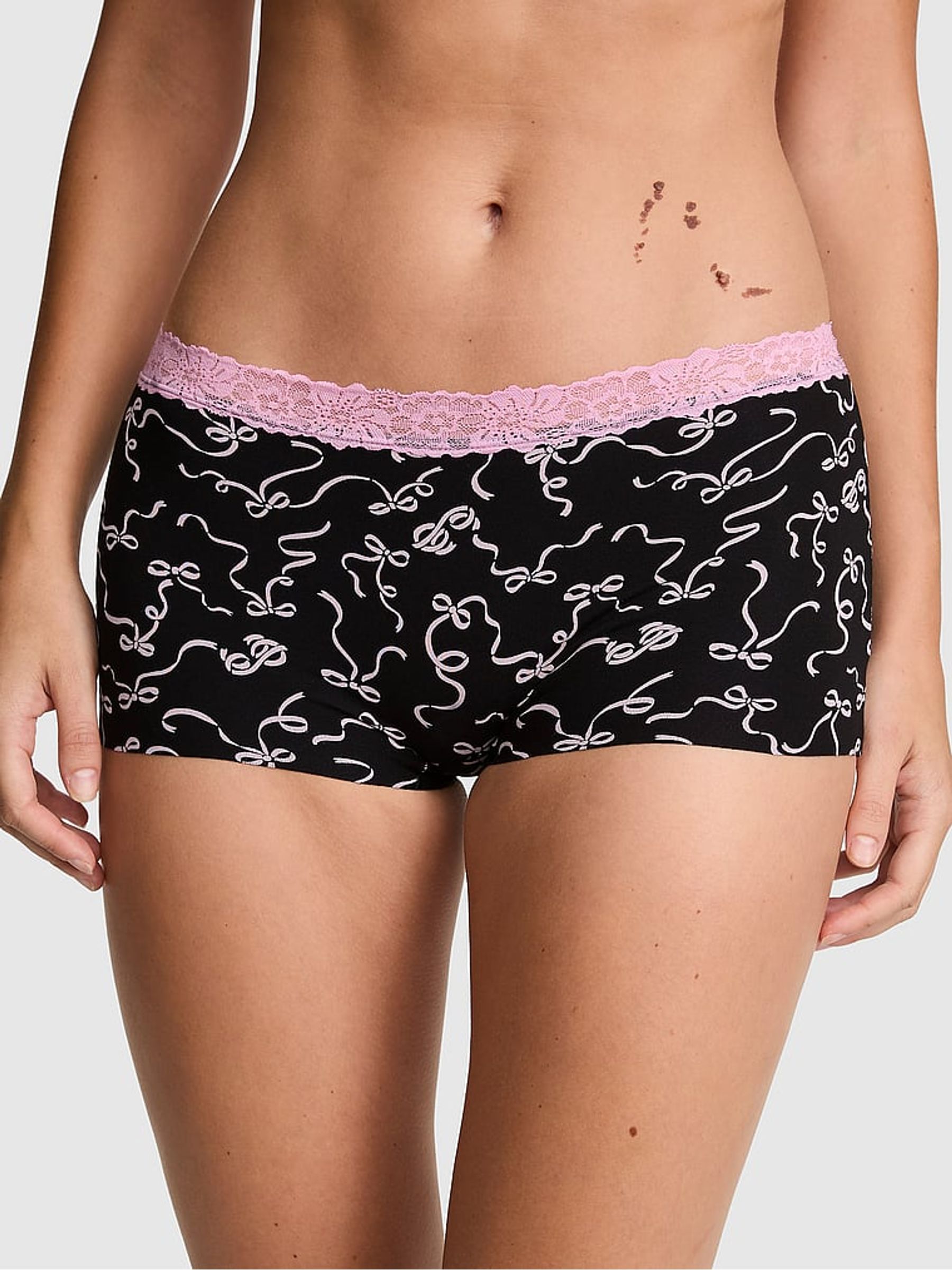 Black and Pink Bows Boyshort Lace Trim Knickers - Image 1 of 2