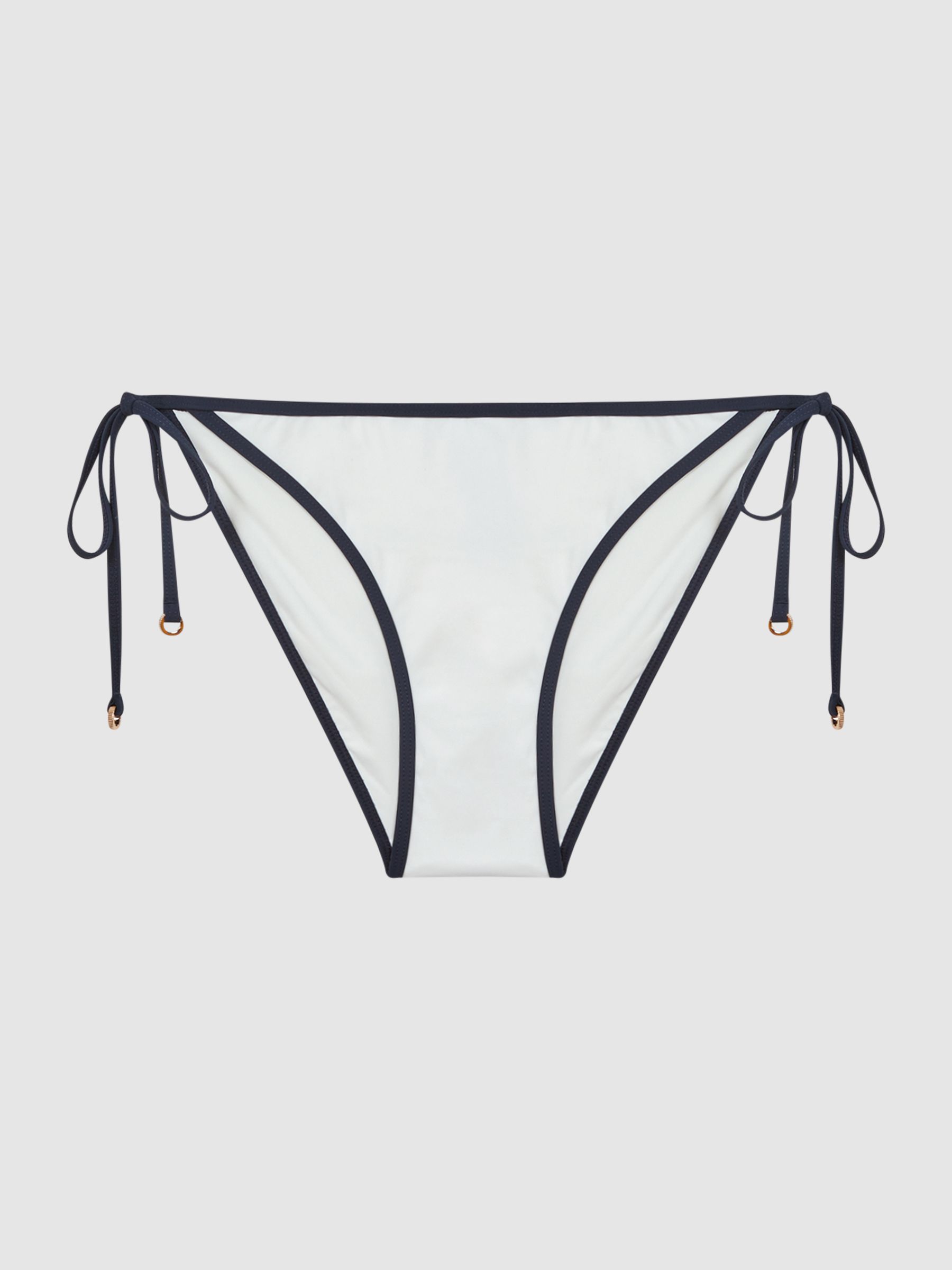 Side Tie Contrast Trim Bikini Bottoms in White/Navy - Image 2 of 5