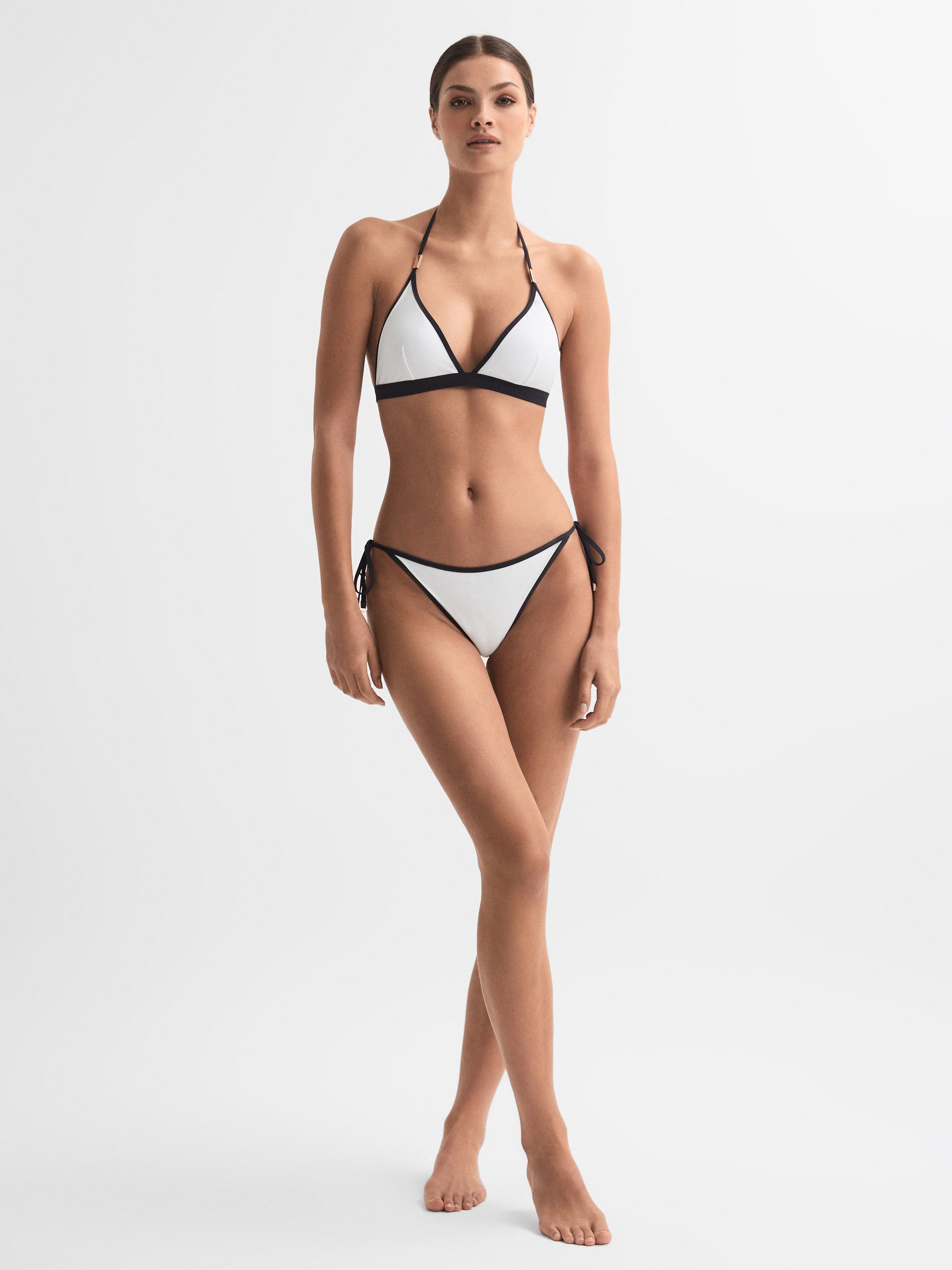 Triangle Halterneck Bikini Top in White/Navy - Image 3 of 4