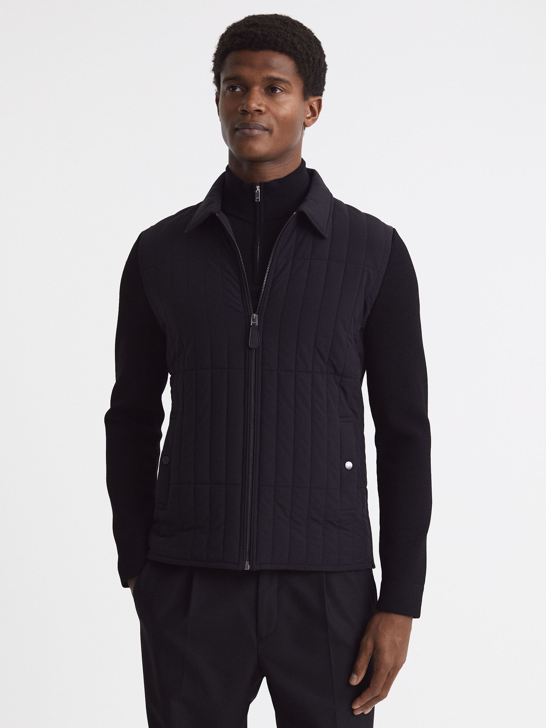Hybrid Knit and Quilt Jacket in Black - Image 1 of 5