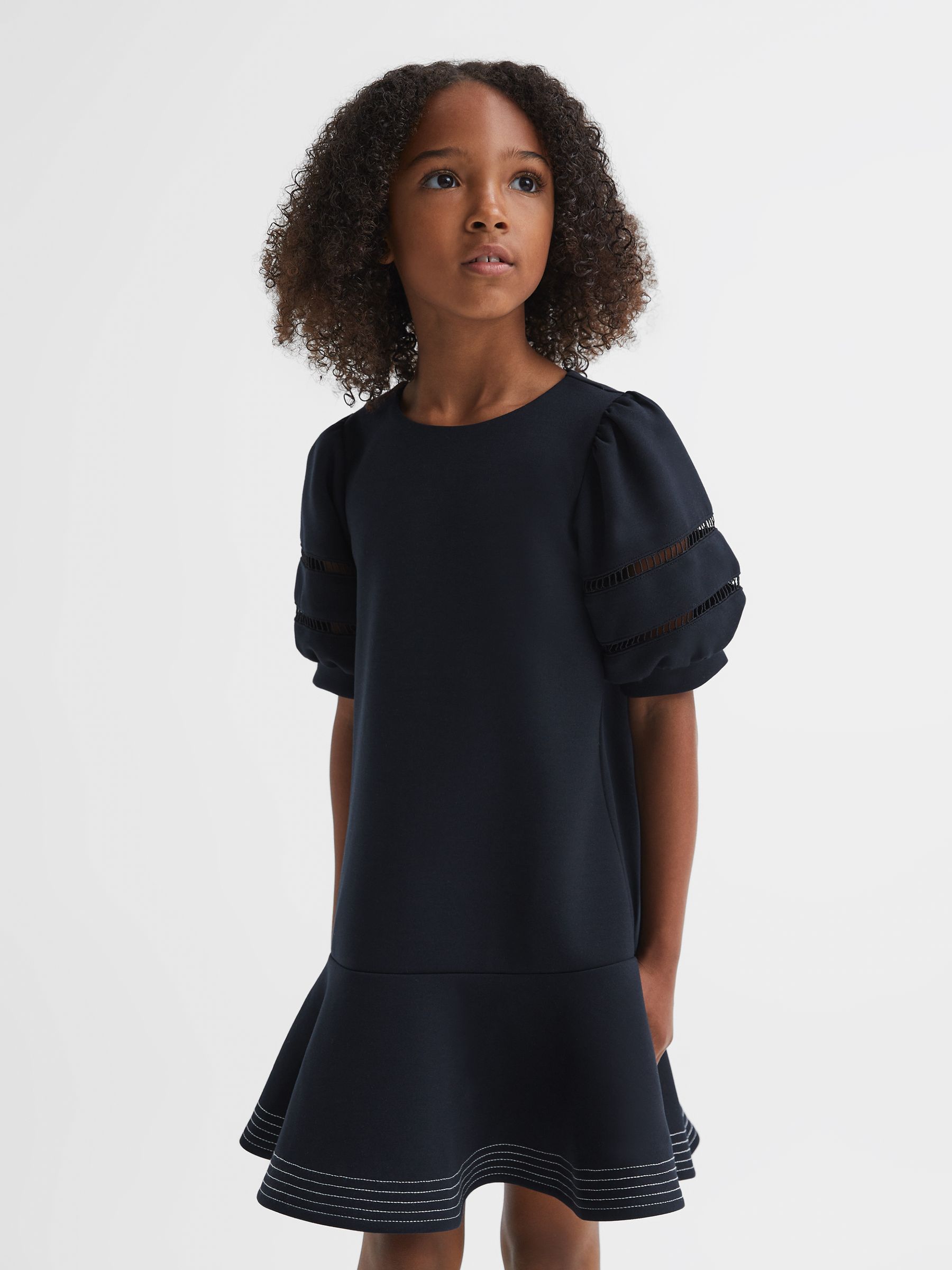 Teen Jersey Puff Sleeve Mini Dress in Navy - Image 1 of 7