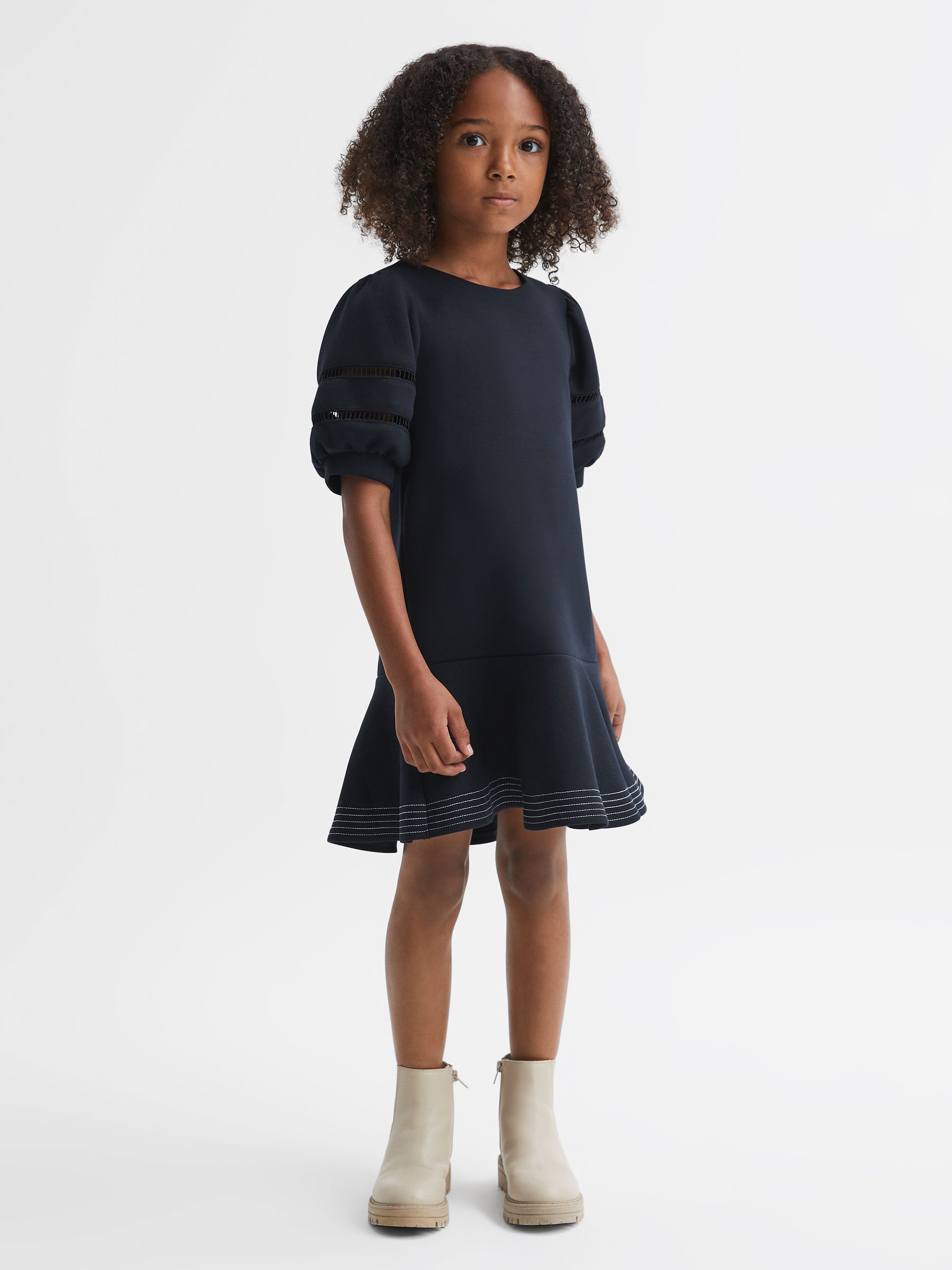 Teen Jersey Puff Sleeve Mini Dress in Navy - Image 3 of 7