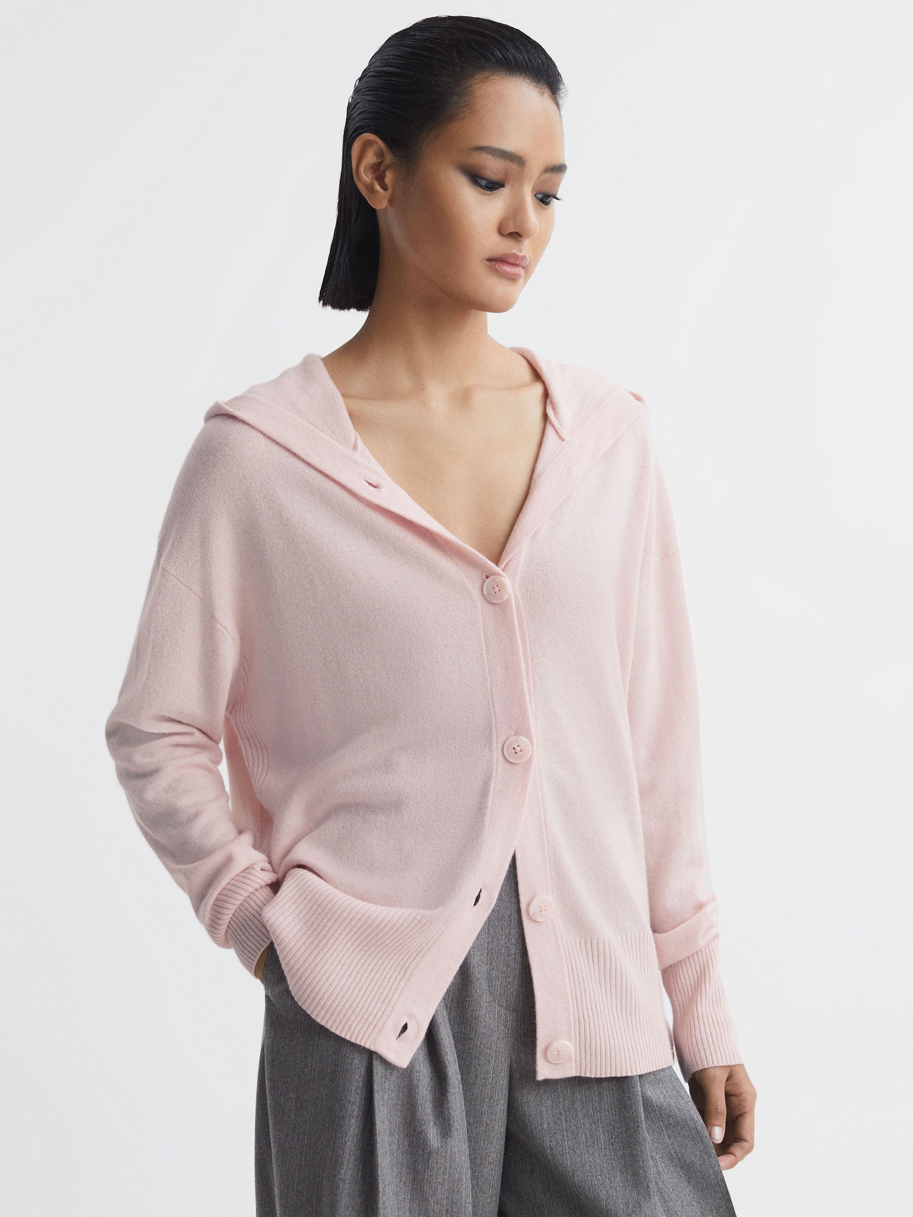 Wool Blend Hooded Cardigan in Light Pink - Image 1 of 5