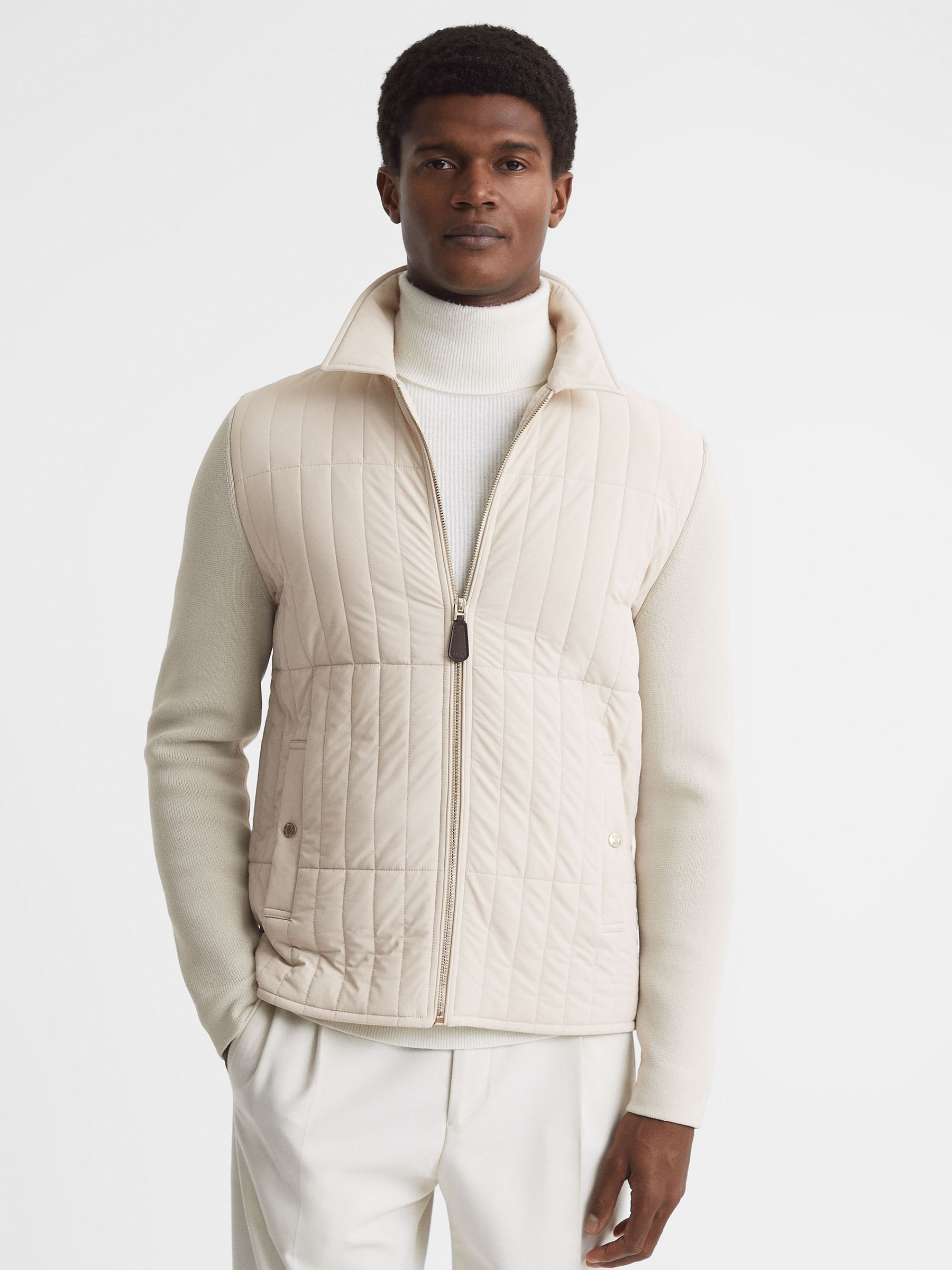 Hybrid Knit and Quilt Jacket in Stone - Image 1 of 6