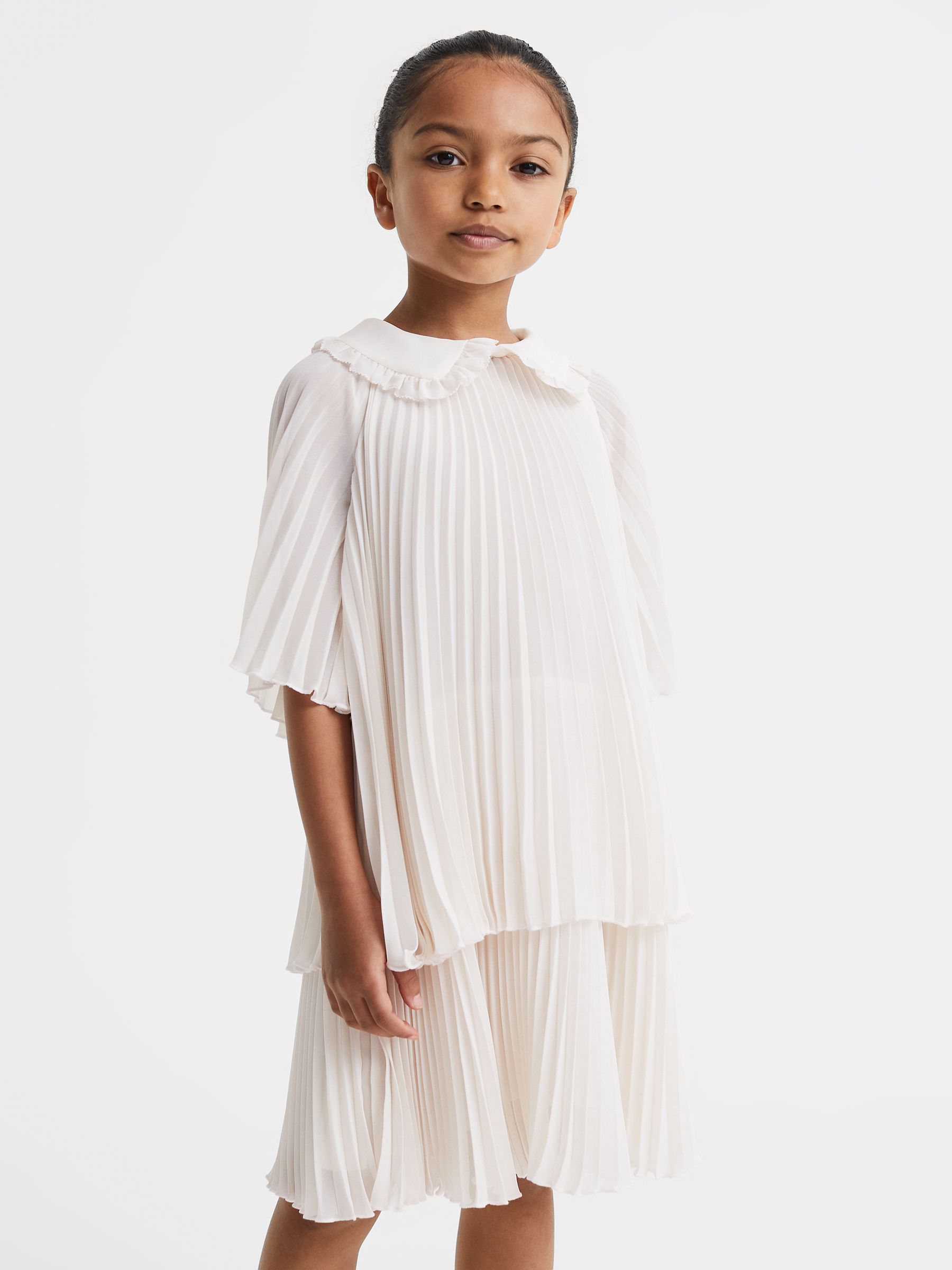 Teen Pleated Collared Tiered Dress in Ivory - Image 3 of 7