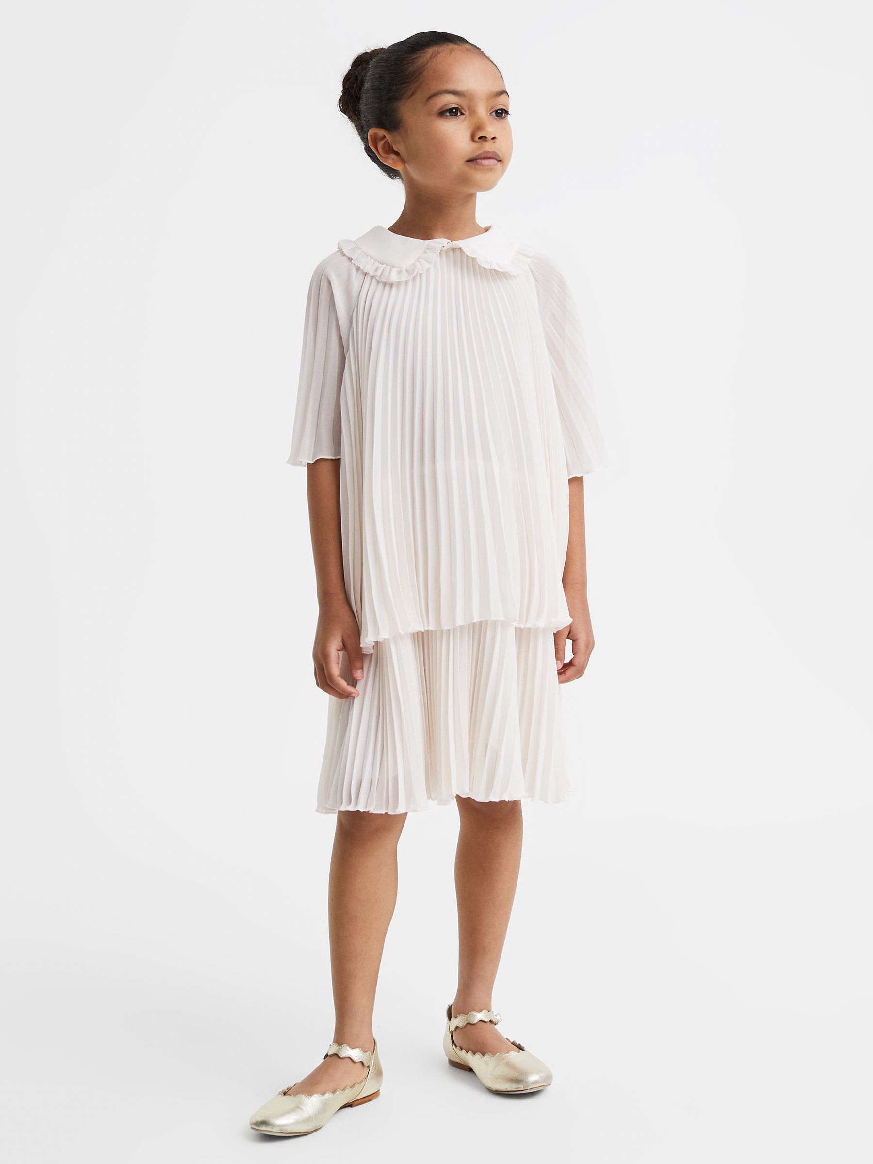 Teen Pleated Collared Tiered Dress in Ivory - Image 4 of 7