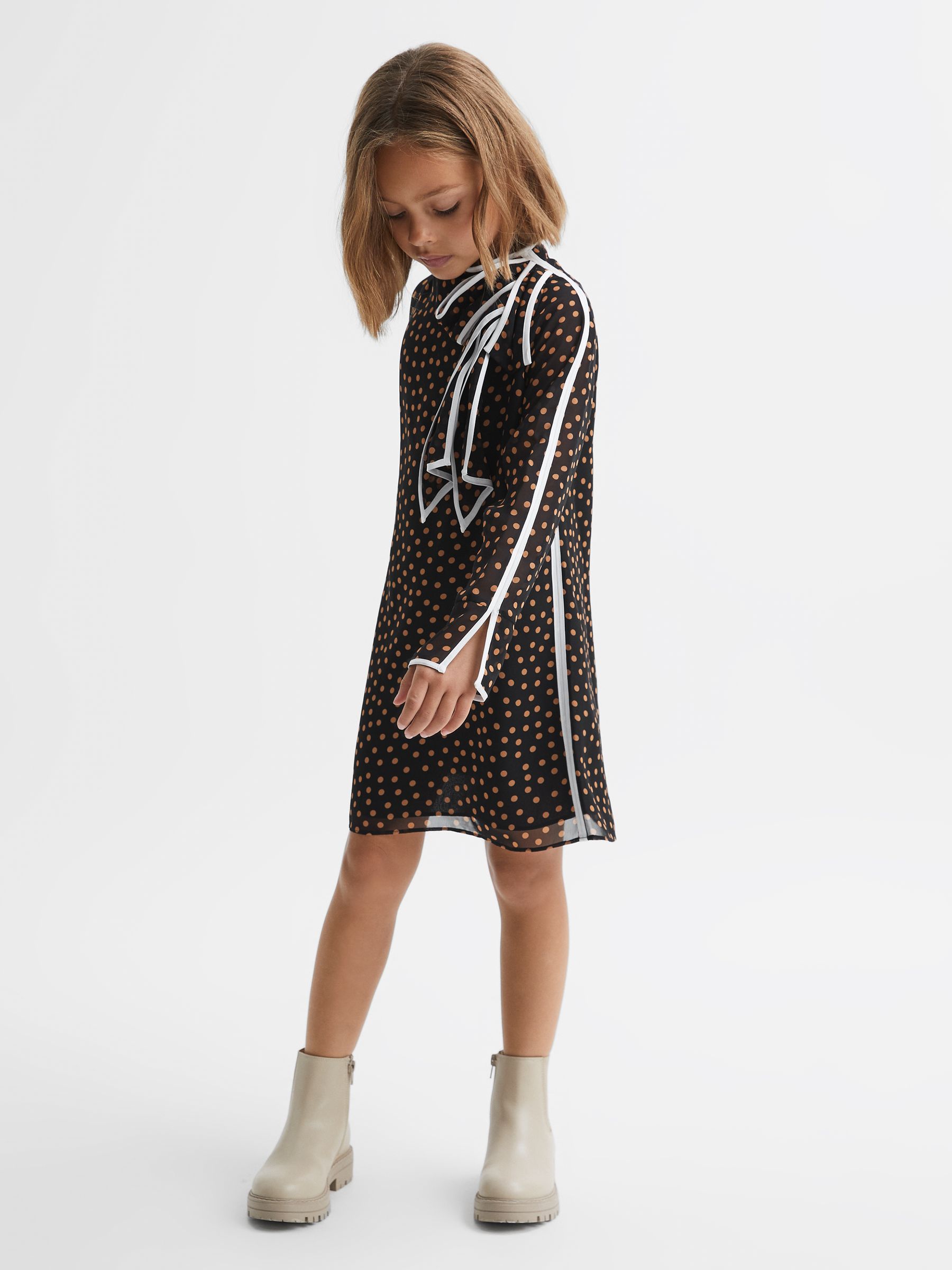 13-14 yrs Polka Dot Tie Neck Mini Dress in Black - Image 3 of 6