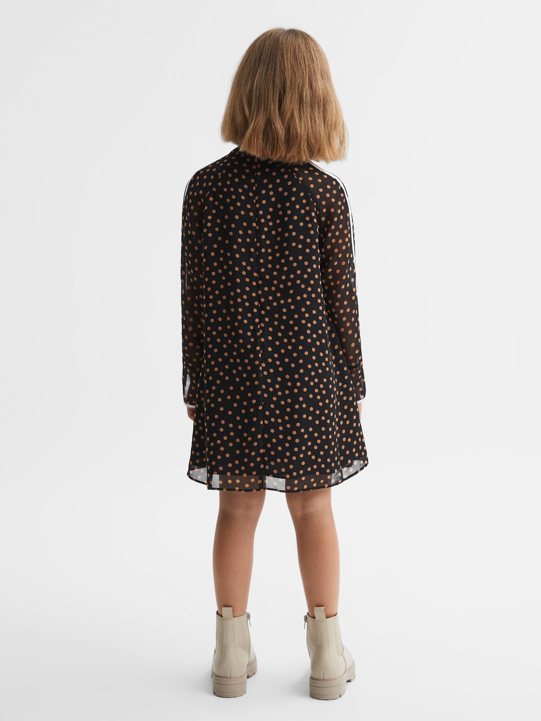 13-14 yrs Polka Dot Tie Neck Mini Dress in Black - Image 5 of 6