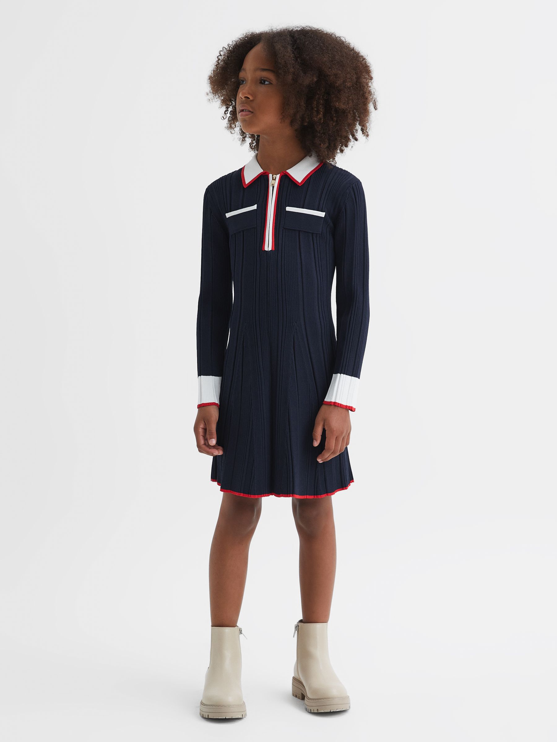 Teen Ribbed Colourblock Mini Dress in Navy - Image 2 of 7