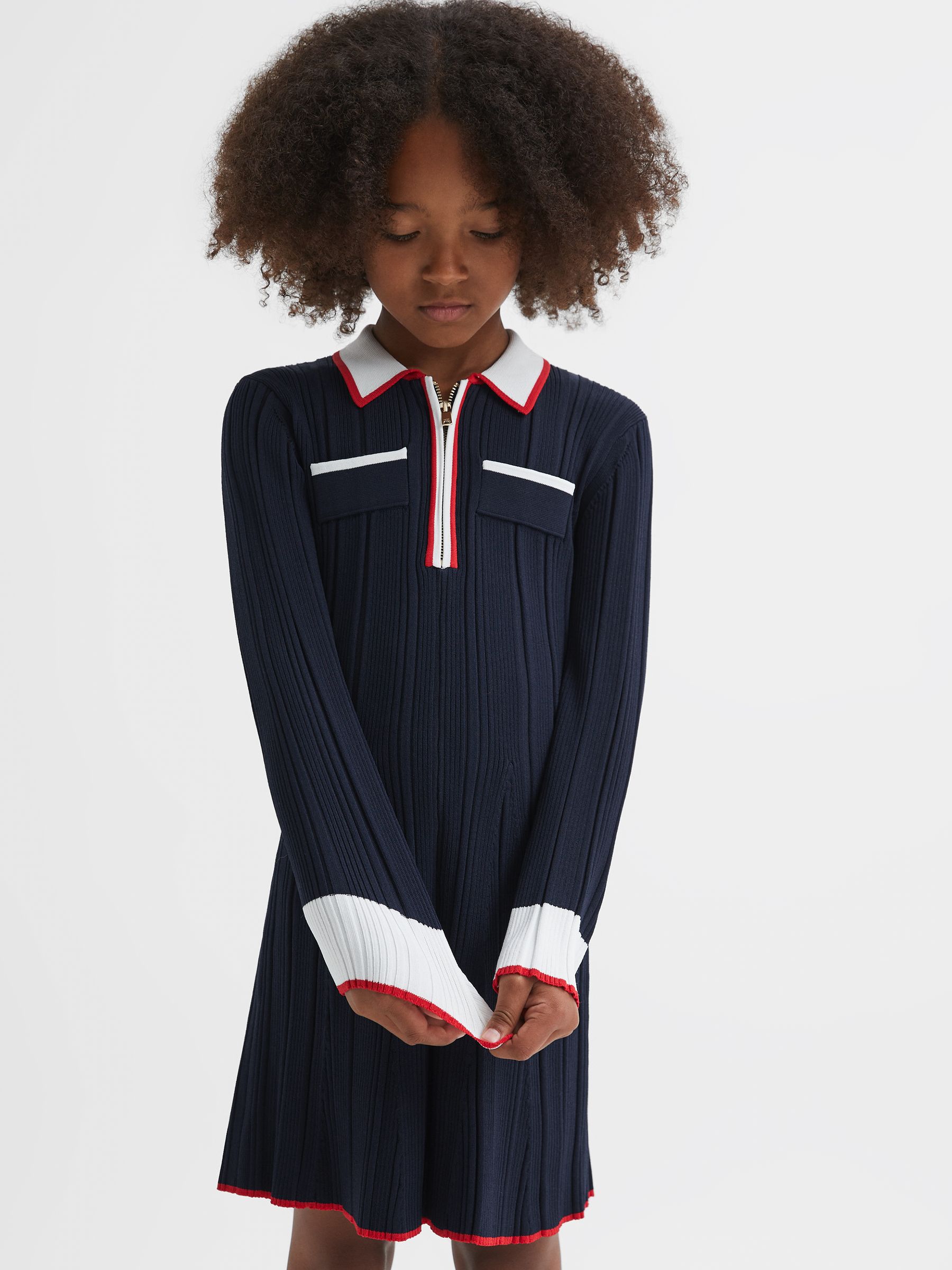 Teen Ribbed Colourblock Mini Dress in Navy - Image 3 of 7