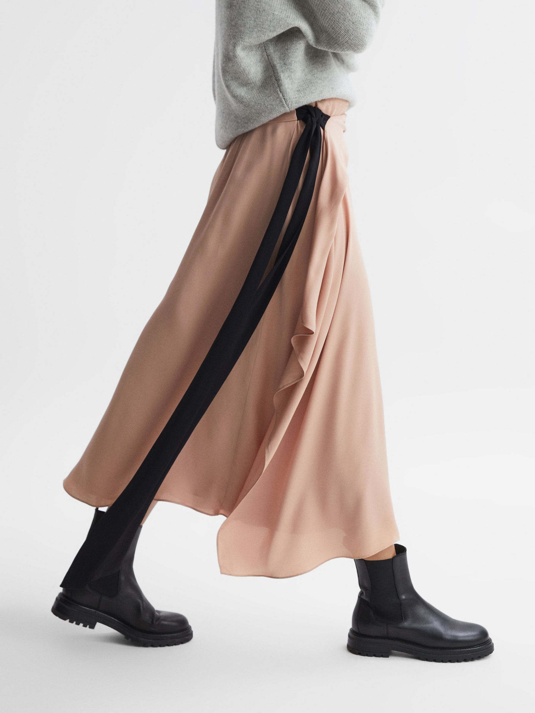 Contrast Bow Midi Skirt in Nude - Image 1 of 5