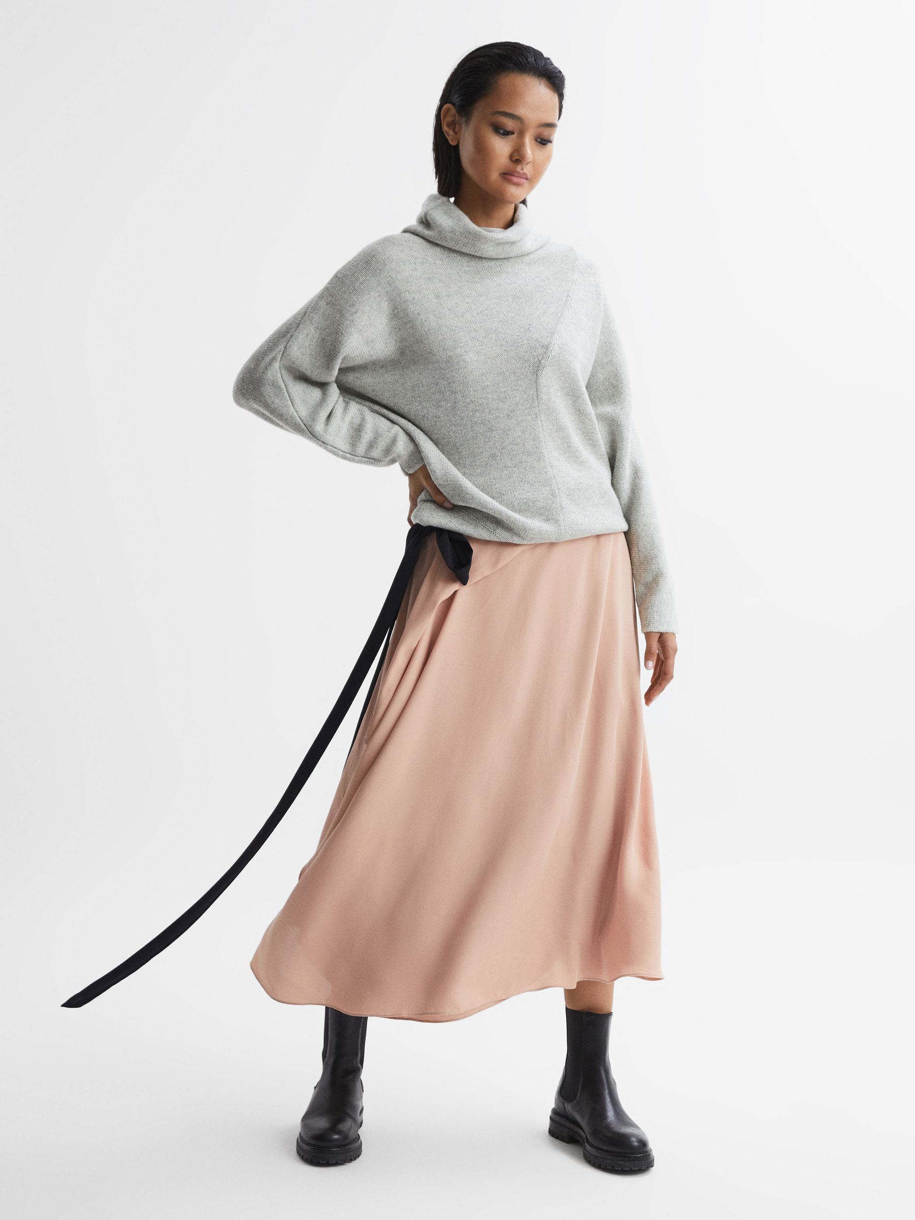 Contrast Bow Midi Skirt in Nude - Image 3 of 5