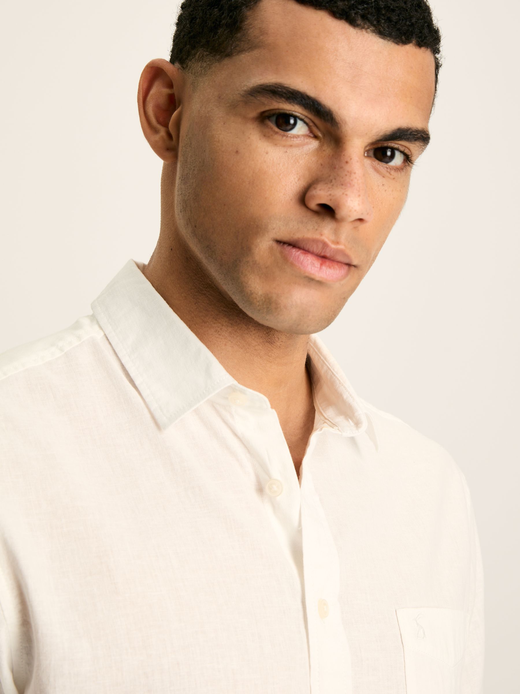 Linen Blend White Plain Short Sleeve Shirt - Image 3 of 6