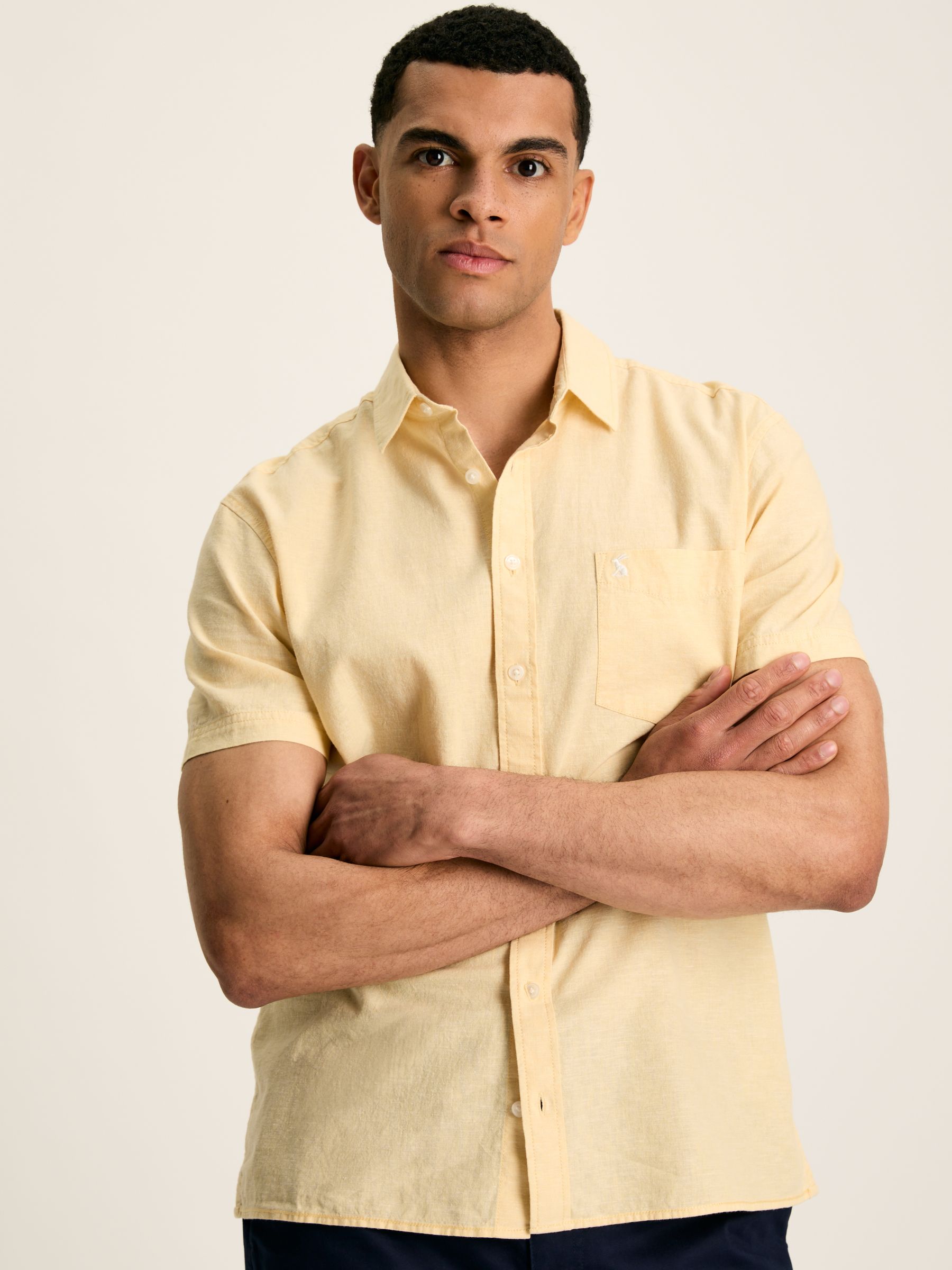 Linen Blend Yellow Plain Short Sleeve Shirt - Image 1 of 7