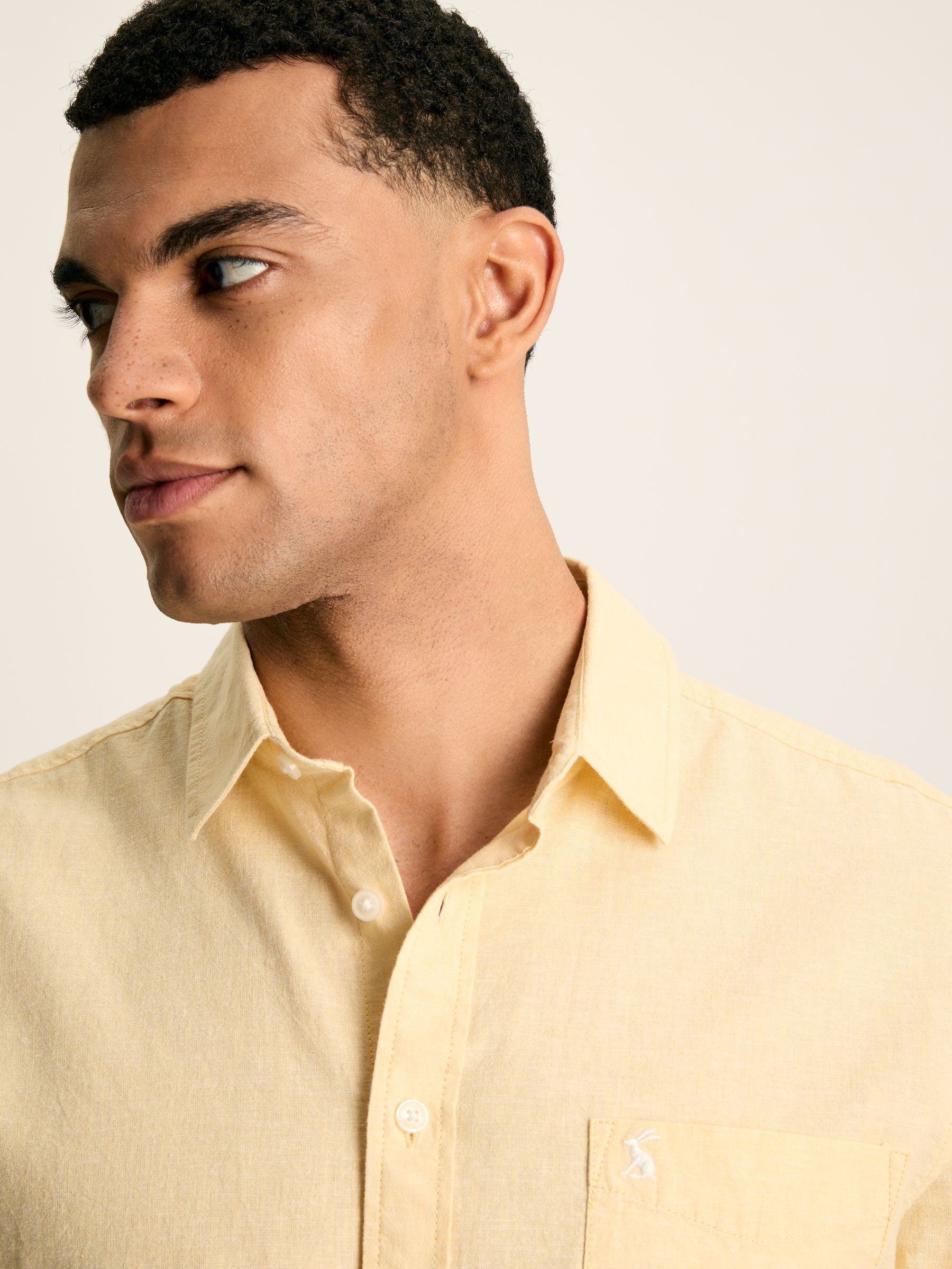 Linen Blend Yellow Plain Short Sleeve Shirt - Image 2 of 7