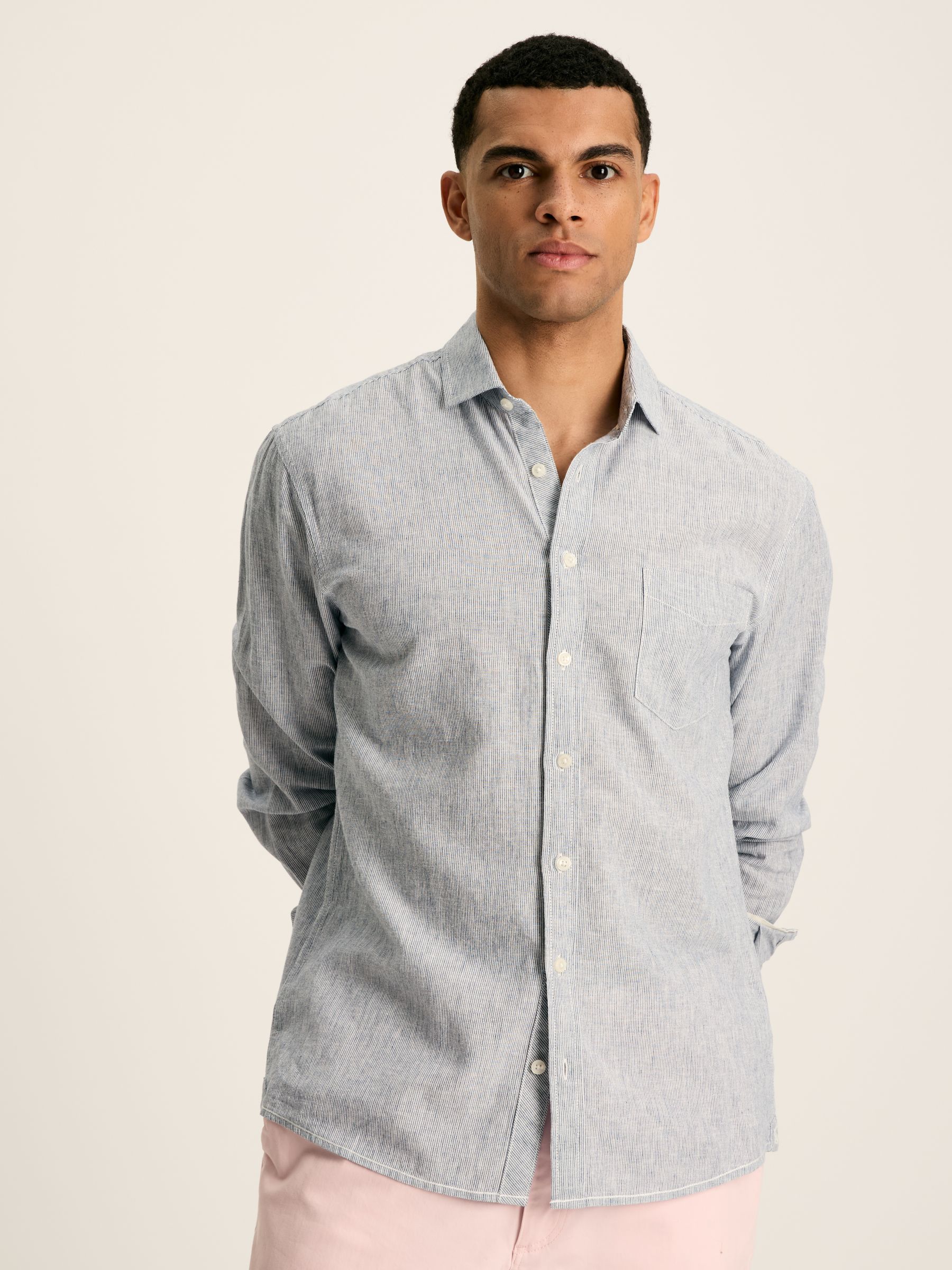 Linen Blend Blue Stripe Plain Long Sleeve Shirt - Image 1 of 7