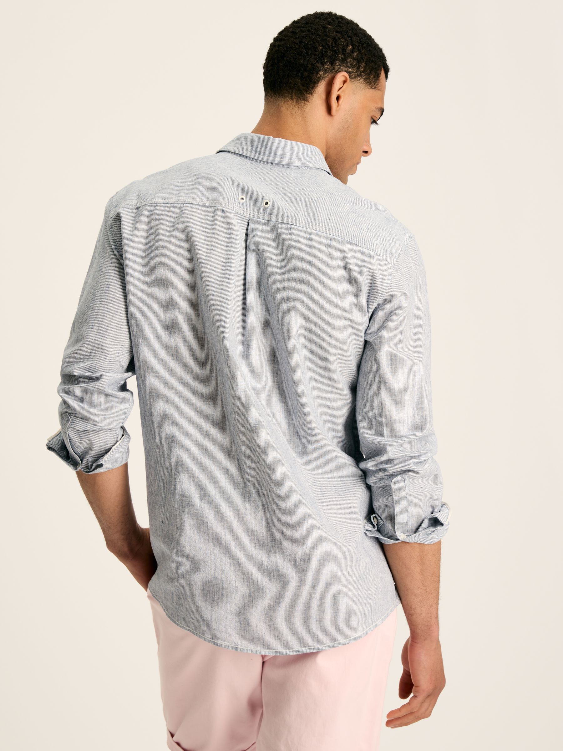 Linen Blend Blue Stripe Plain Long Sleeve Shirt - Image 2 of 7